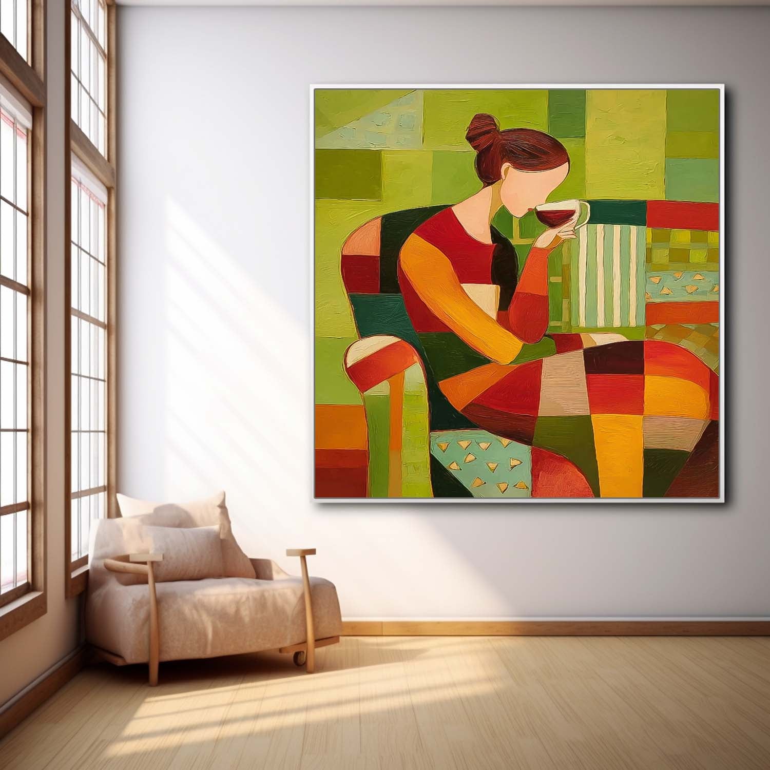 Lady Geometric Color Blocks Oil Painting Canvas Original Elegant Woman Wall Art Abstract Figure Artwork