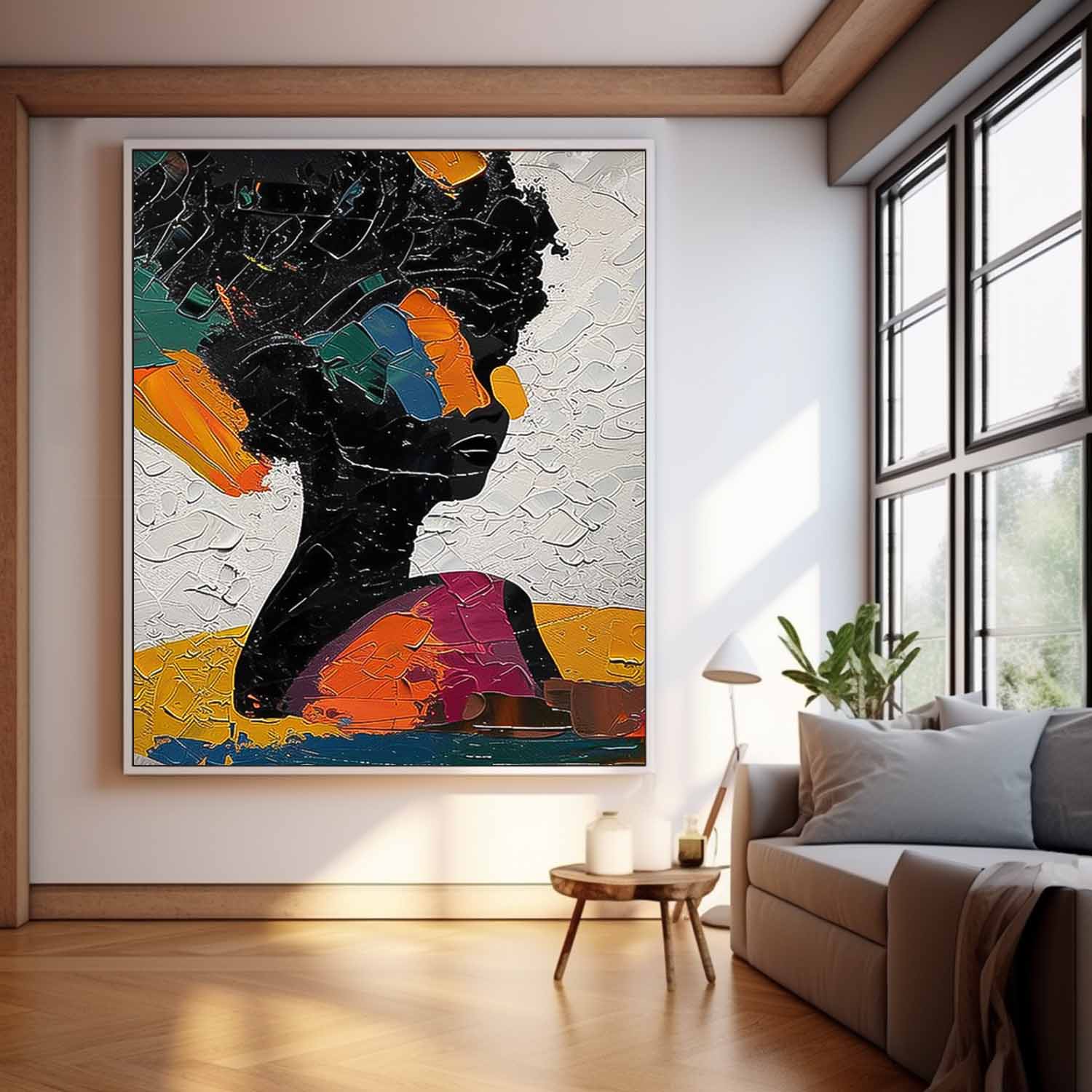 Large Portrait Painting Framed Original Exquisite Lady Wall Art Abstract Color Profile Artwork Home Decor