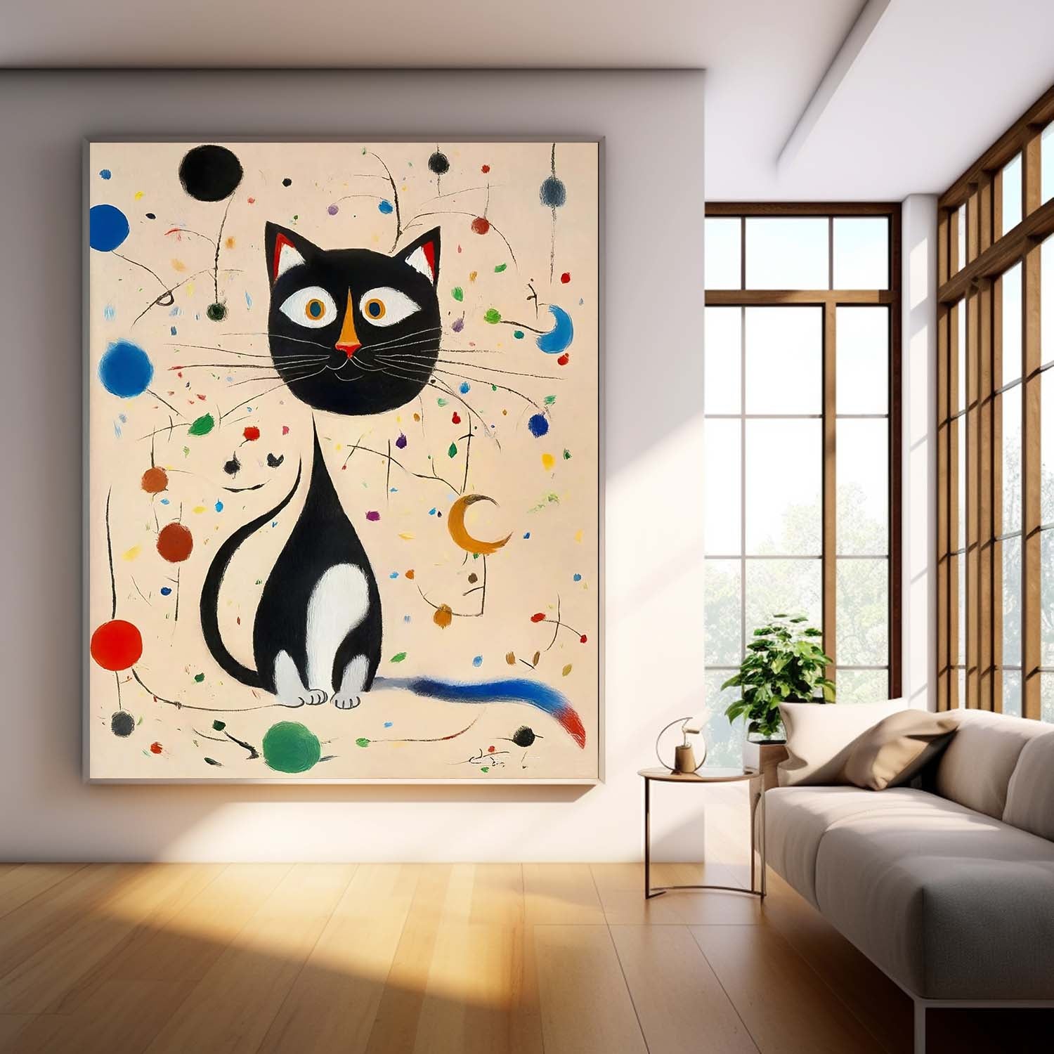 Surreal Joan Miró Style Abstract Cat Oil Painting Large Cat Pop Art Modern Cat Oil Painting Framed Artwork