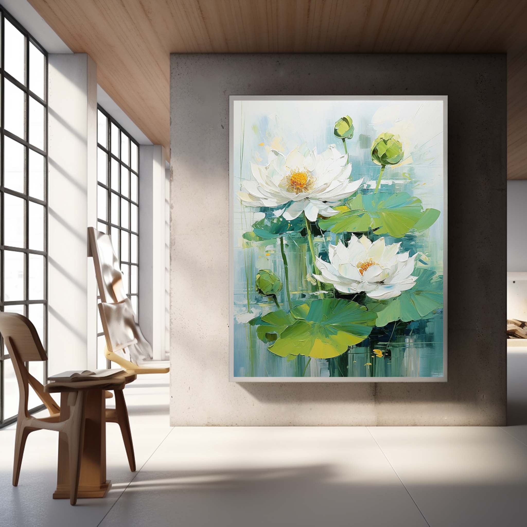 Lotus Painting Framed Large White Flower Wall Art Abstract Flower Acrylic Painting Textured Floral Painting