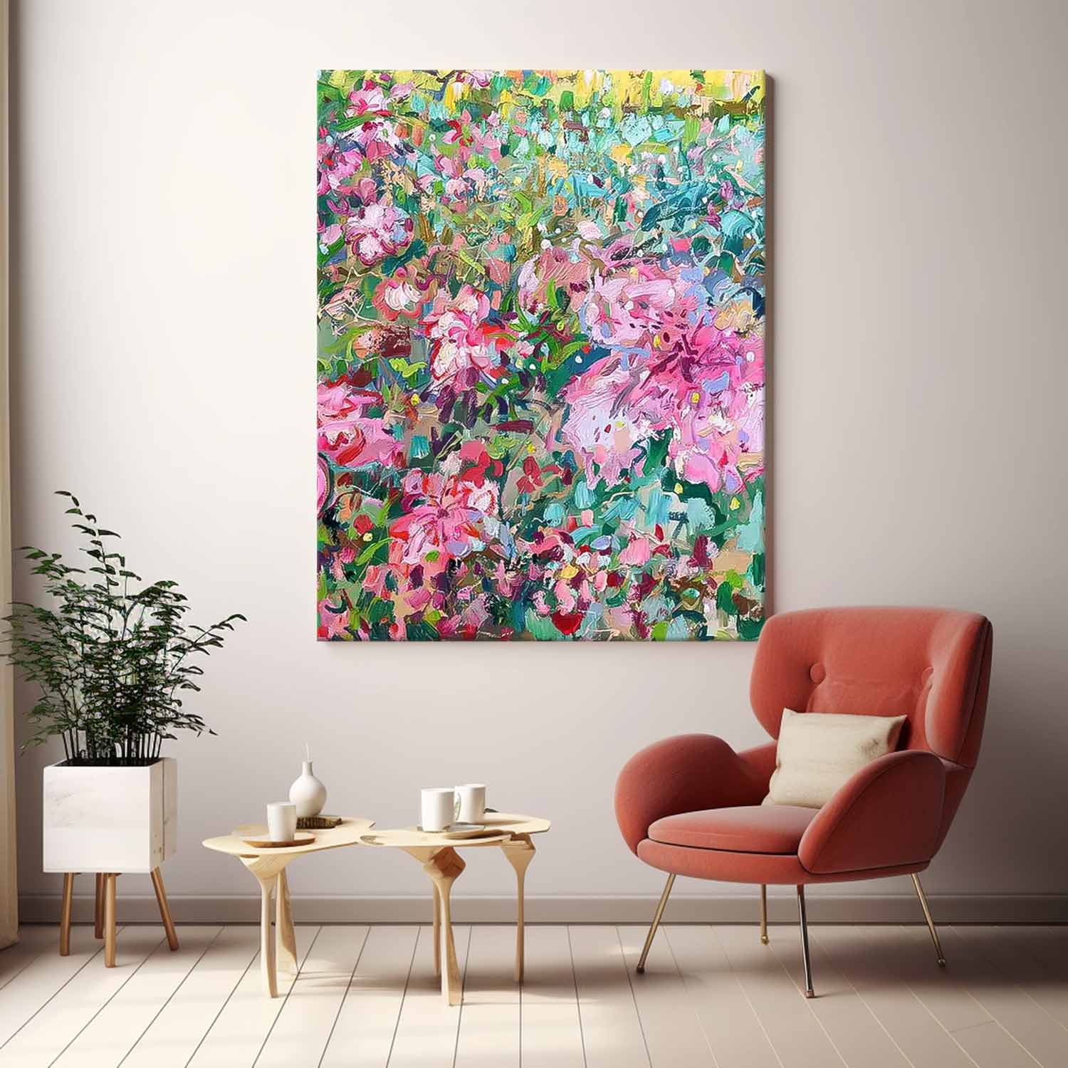 Pink Floral Green leaves Abstract Acrylic Wall Art Custom Painting On Canvas For Living Room