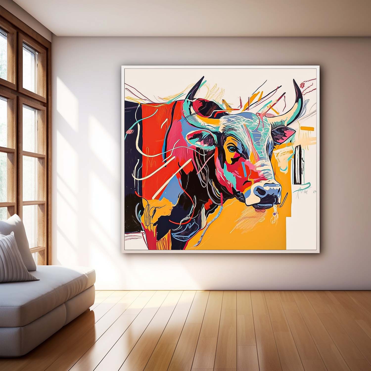 Large Colorful Animal Artwork Home Decor Square Ox Oil Painting Canvas Original Lovely Cow Wall Art