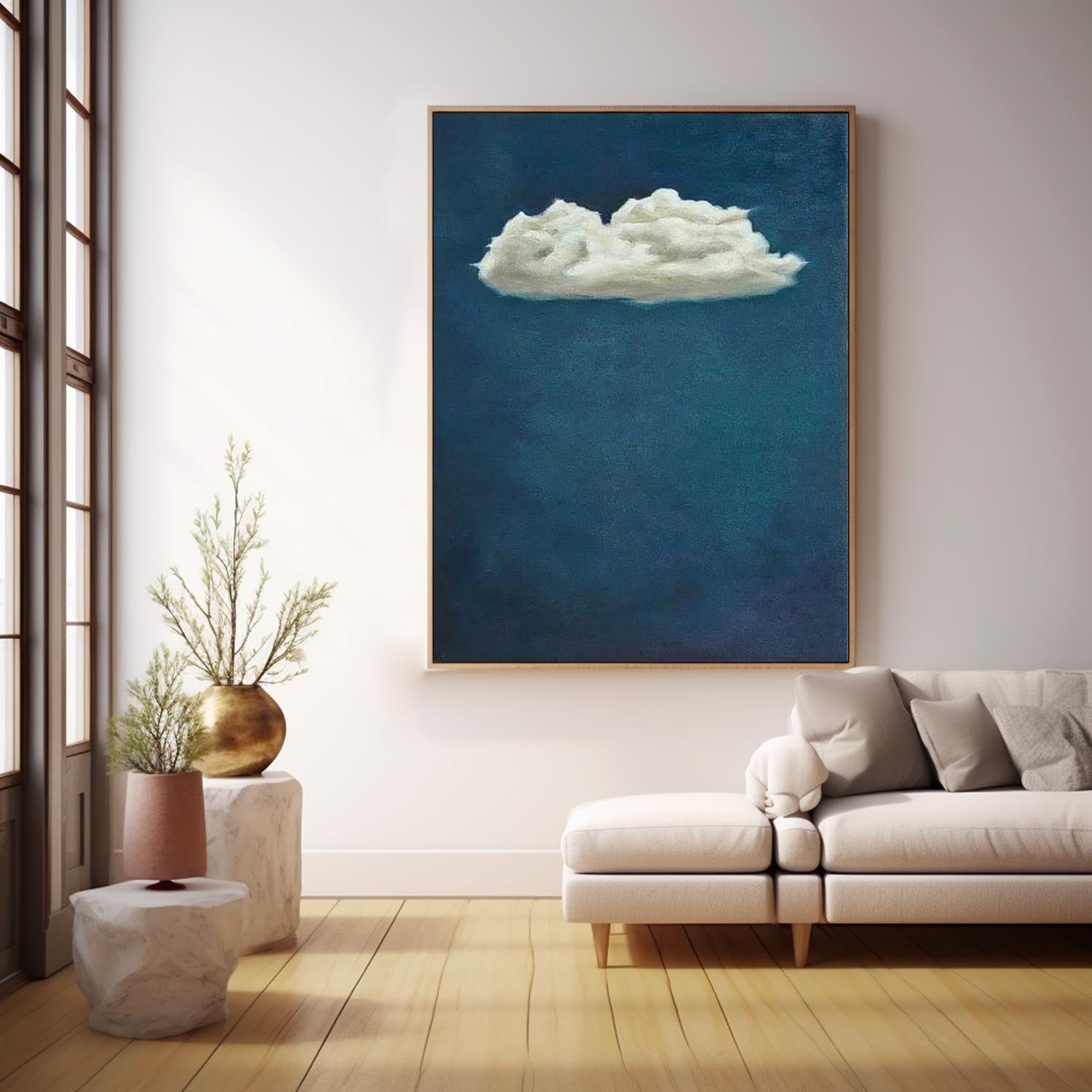 Original Hand-Painted Artwork Large Blue Wall Art Minimalist White Clouds Abstract Canvas Oil Painting