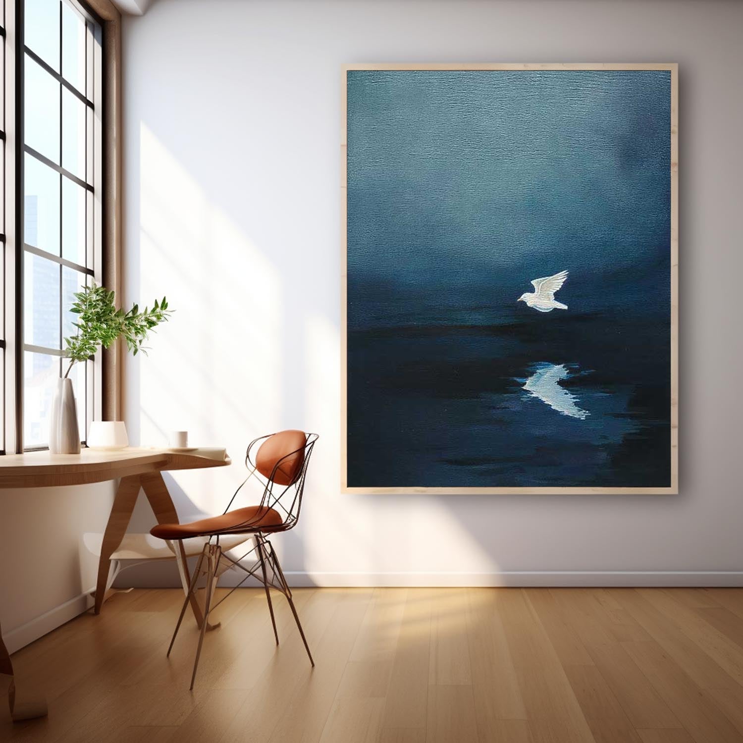Large Blue Lake Surface Wall Art Minimalist Pigeon Abstract Canvas Oil Painting Original Hand-Painted Artwork