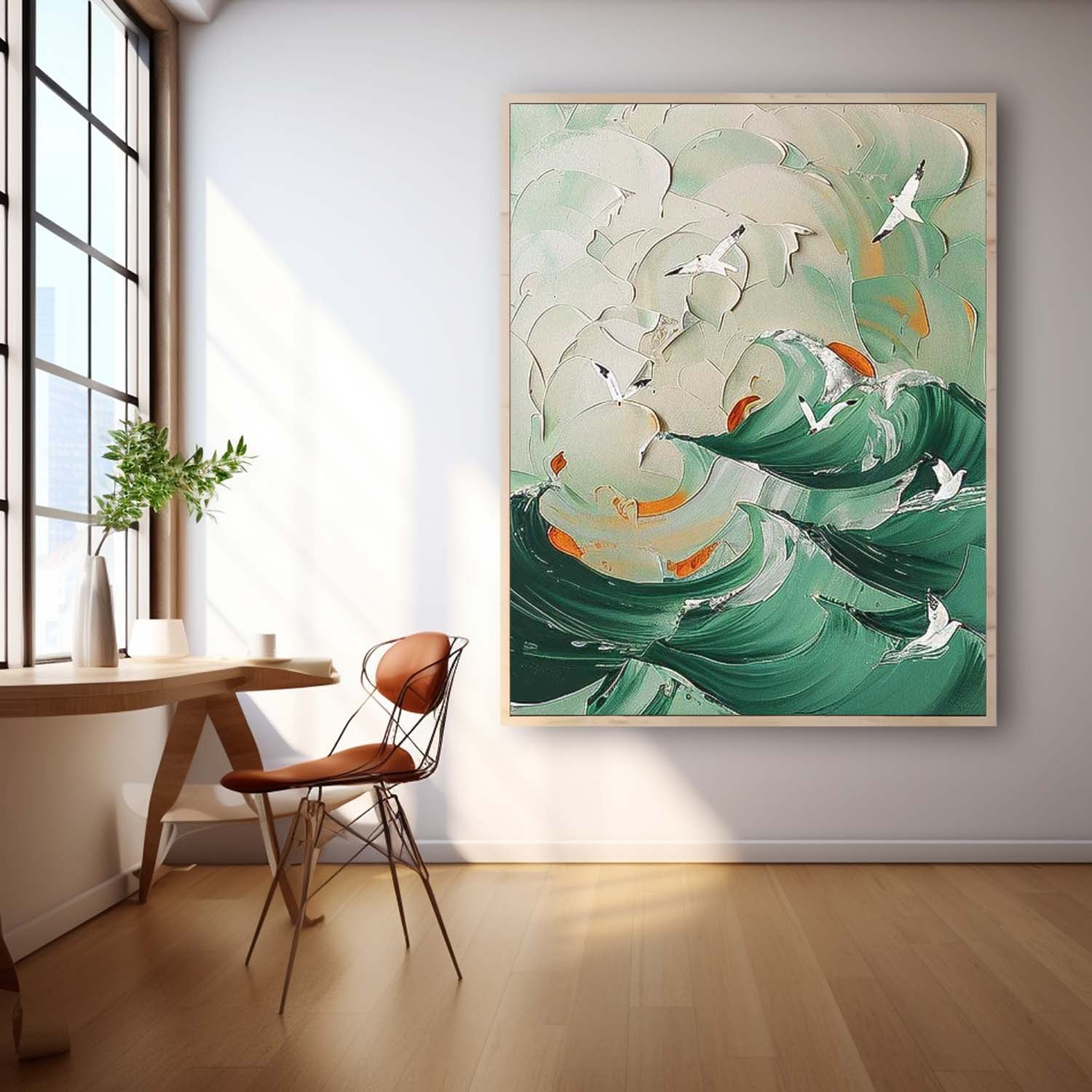 Original Abstract Beach Oil Painting On Canvas Large 3D Green Ocean Wall Art Seagull Artwork Decor