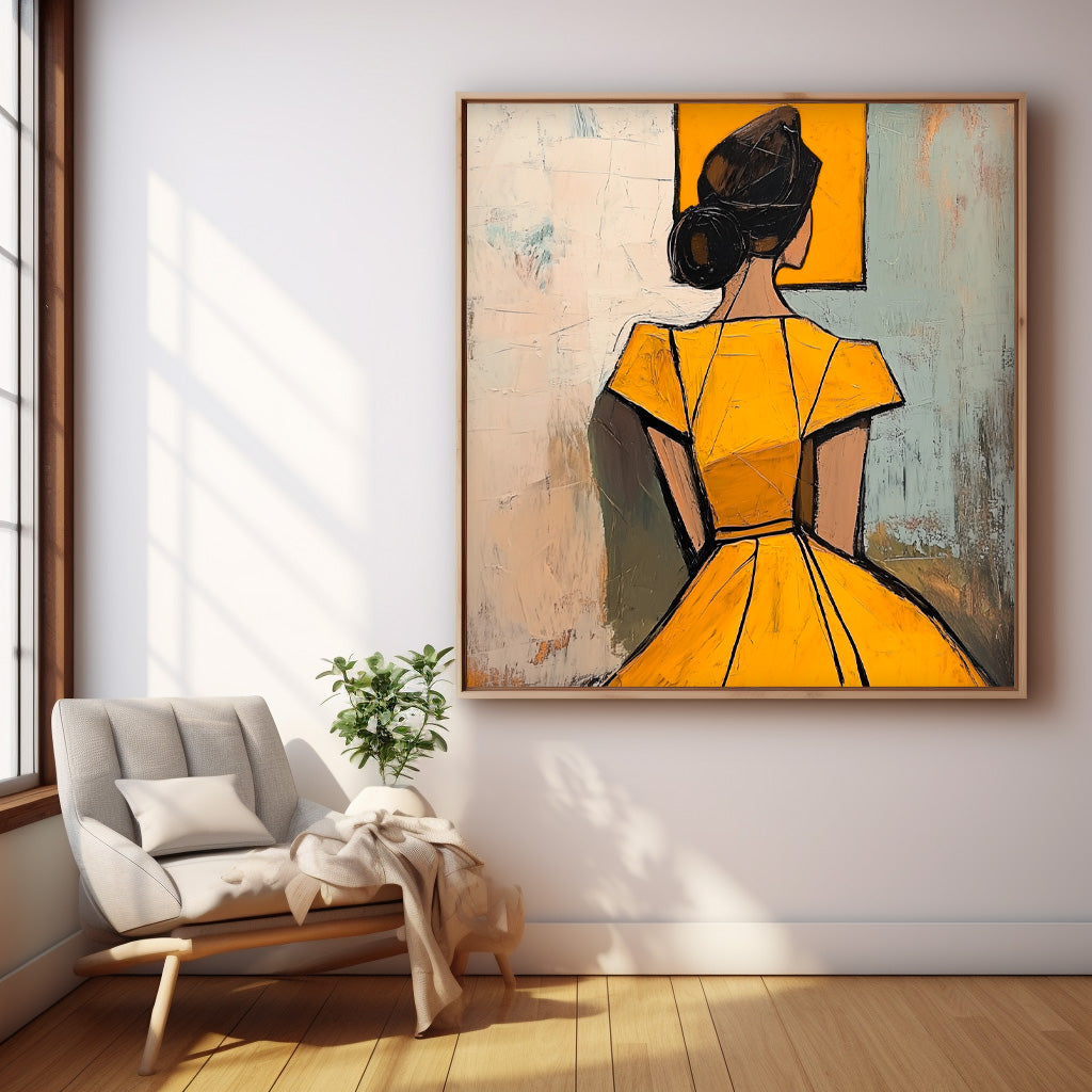 Square Large Girl Portrait Artwork Lady Abstract Wall Art Origina Yellow Dress Acrylic Painting Canvas