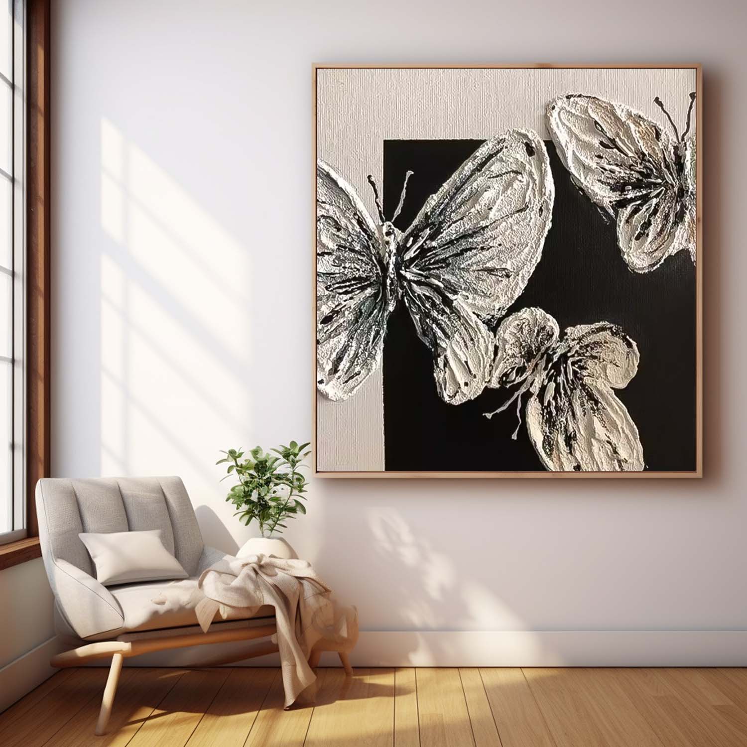Modern Minimalist Black And White Butterfly Oil Painting Canvas Original Butterfly Wall Art Large Animal Artwork