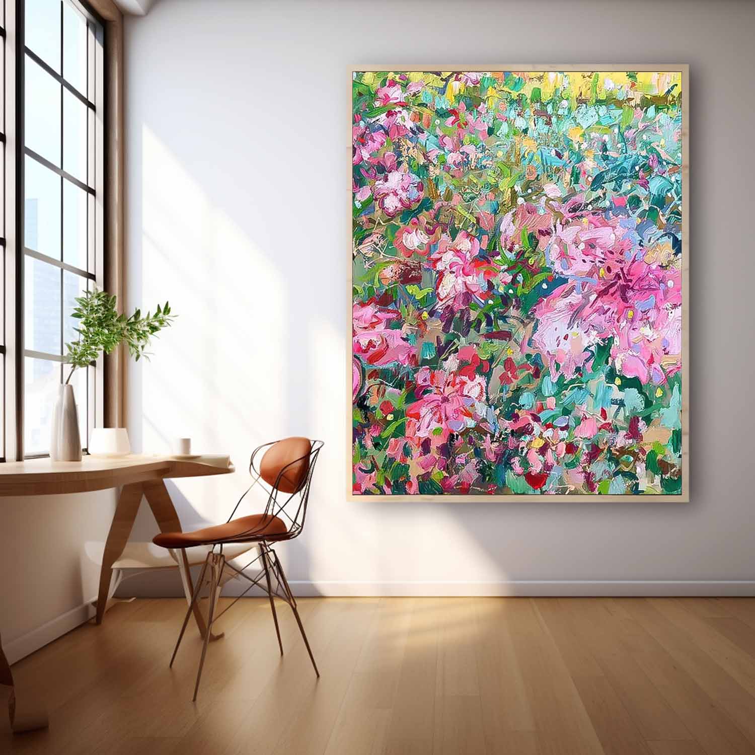 Pink Floral Green leaves Abstract Acrylic Wall Art Custom Painting On Canvas For Living Room