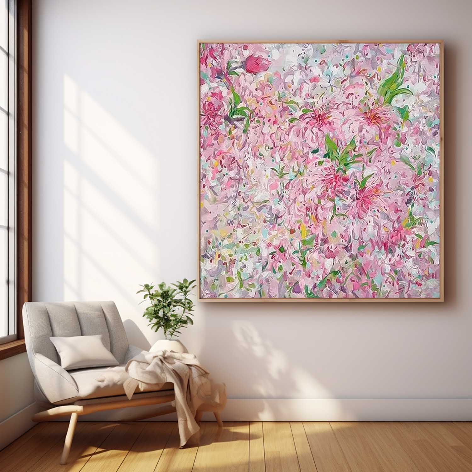 Square Pink Original Flower Wall Art Large Floral Acrylic Painting Modern Floral Oil Painting On Canvas