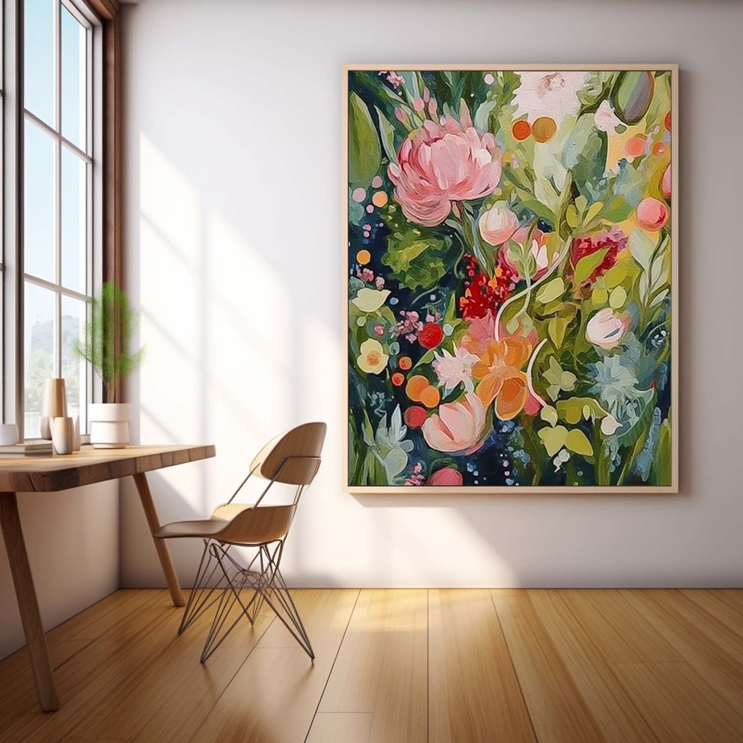 Original Green Flower Wall Art Abstract Boho Modern Floral Acrylic Painting On Canvas Living Room Wall Decor