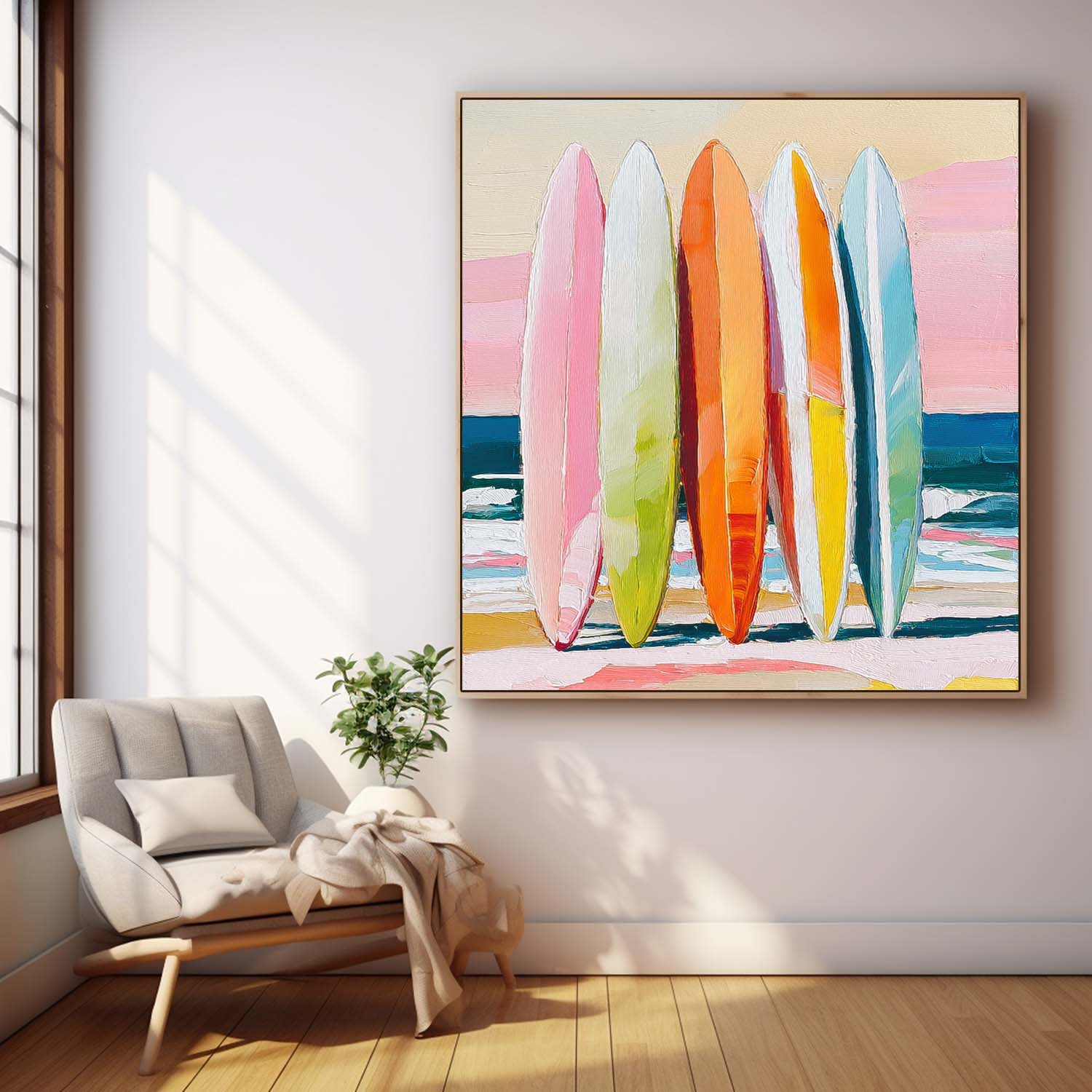 Abstract Beach Surfboard Scenery Oil Painting Framed Seaside Landscape Artwork Large Wall Art Home Decor