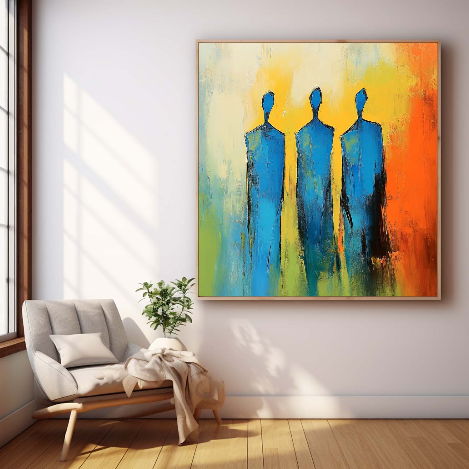 Original Blue Figure Acrylic Painting Canvas Colorful Abstract Wall Art Square Large Portrait Artwork