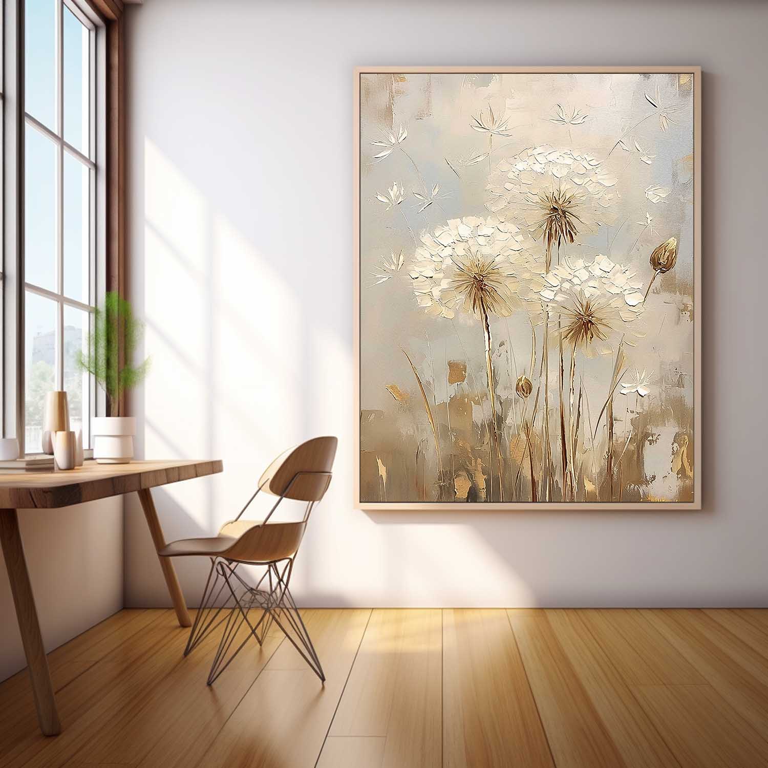 Abstract Flower Oil Painting on Canvas Delicate Dandelion Painting Wall Decor Large Original Texture Flowers Art