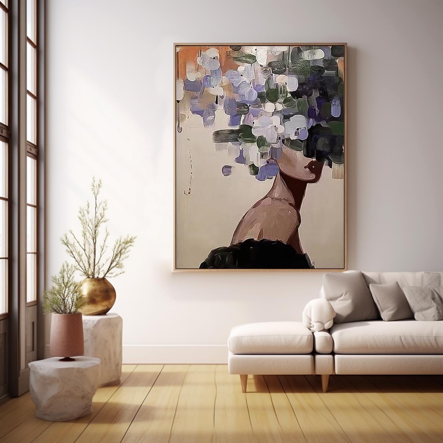 Large Faceless Portrait Artwork Abstract Lady Painting Woman Face Painting Original Flower Figurative Canvas Art Framed Woman Art Home Decor