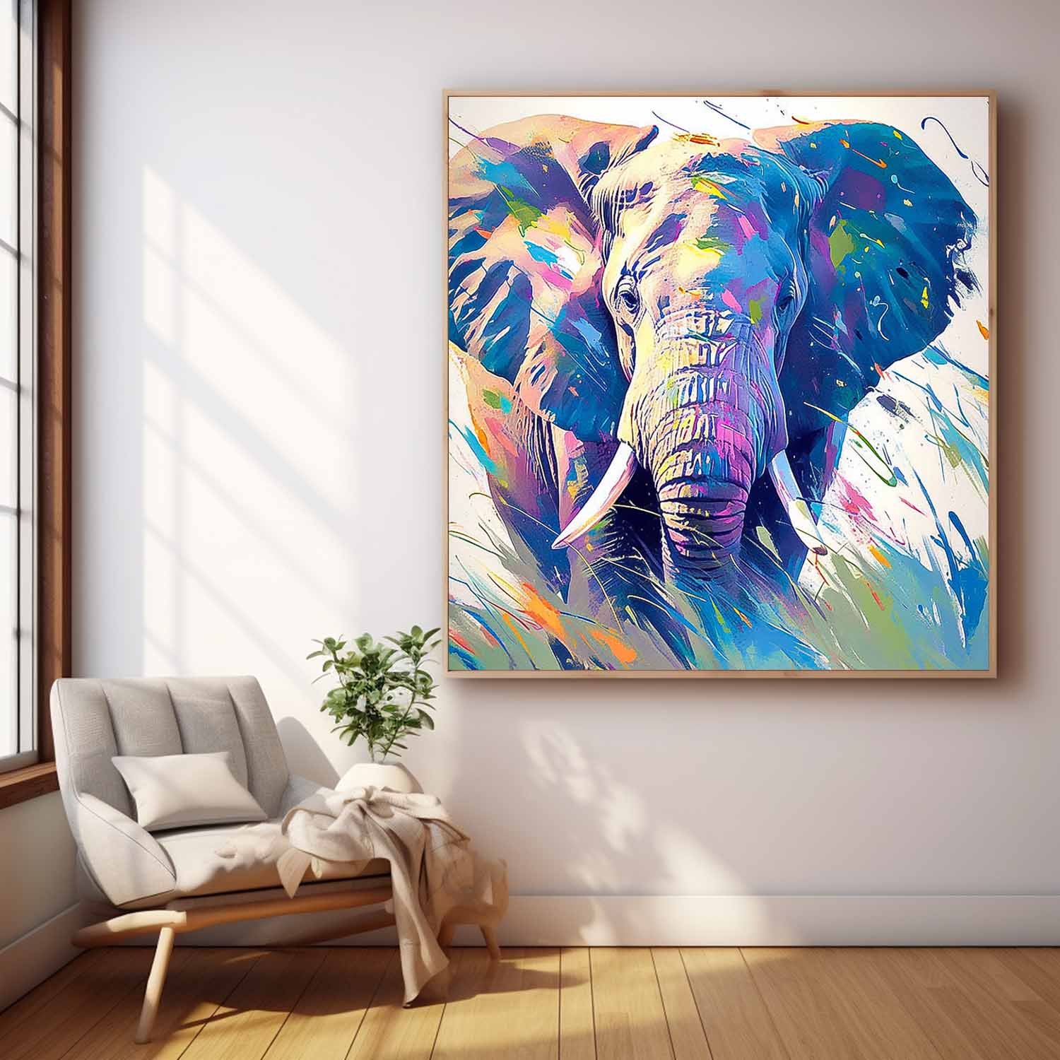 Original Lovely Elephants Wall Art Square Elephants Oil Painting Canvas Large Colorful Animal Artwork Home Decor