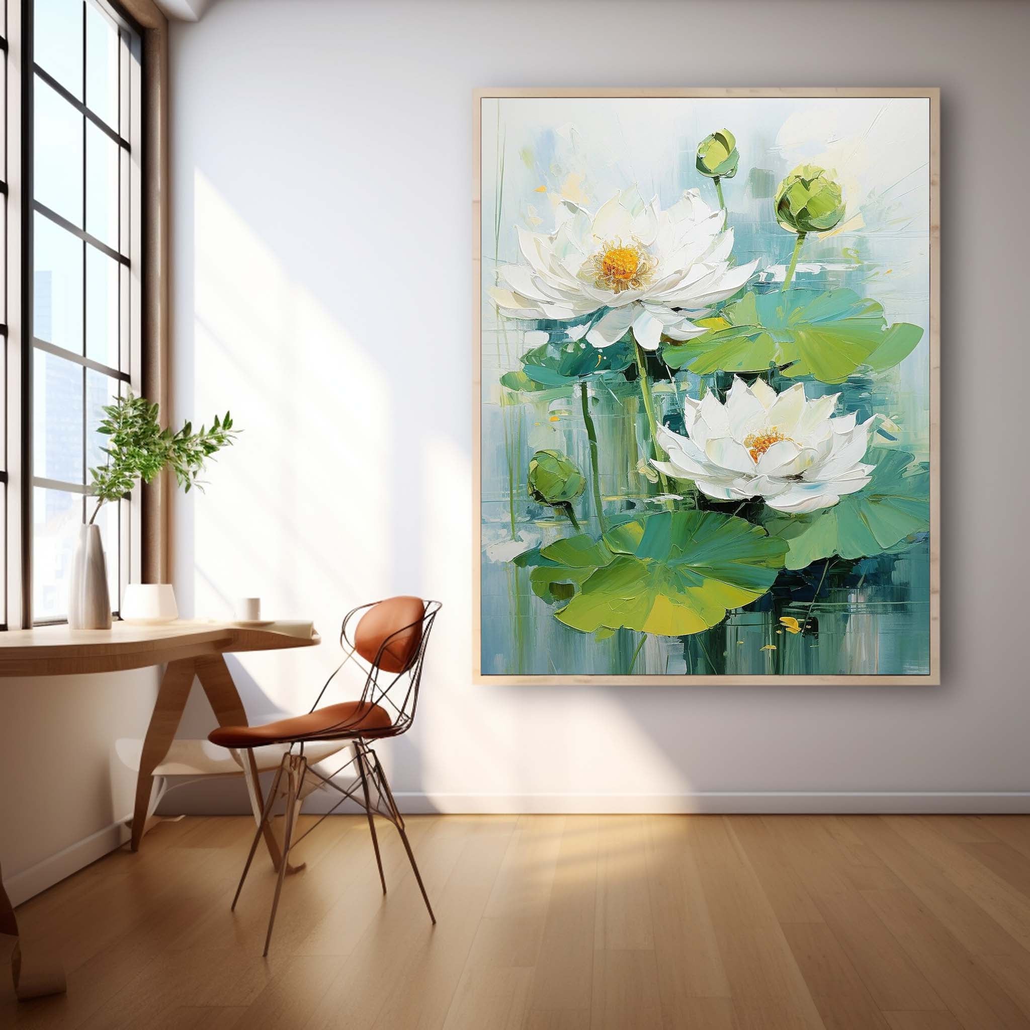 Lotus Painting Framed Large White Flower Wall Art Abstract Flower Acrylic Painting Textured Floral Painting