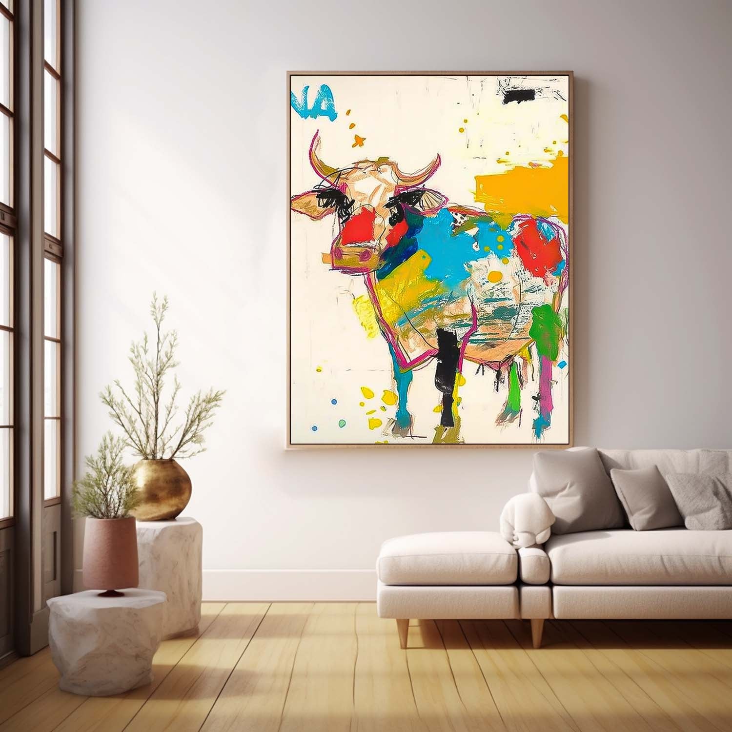 Large Acrylic Painting  Modern Colorful Cow Abstract Wall Art Minimalism Ox Animal Oil Painting Home Decor