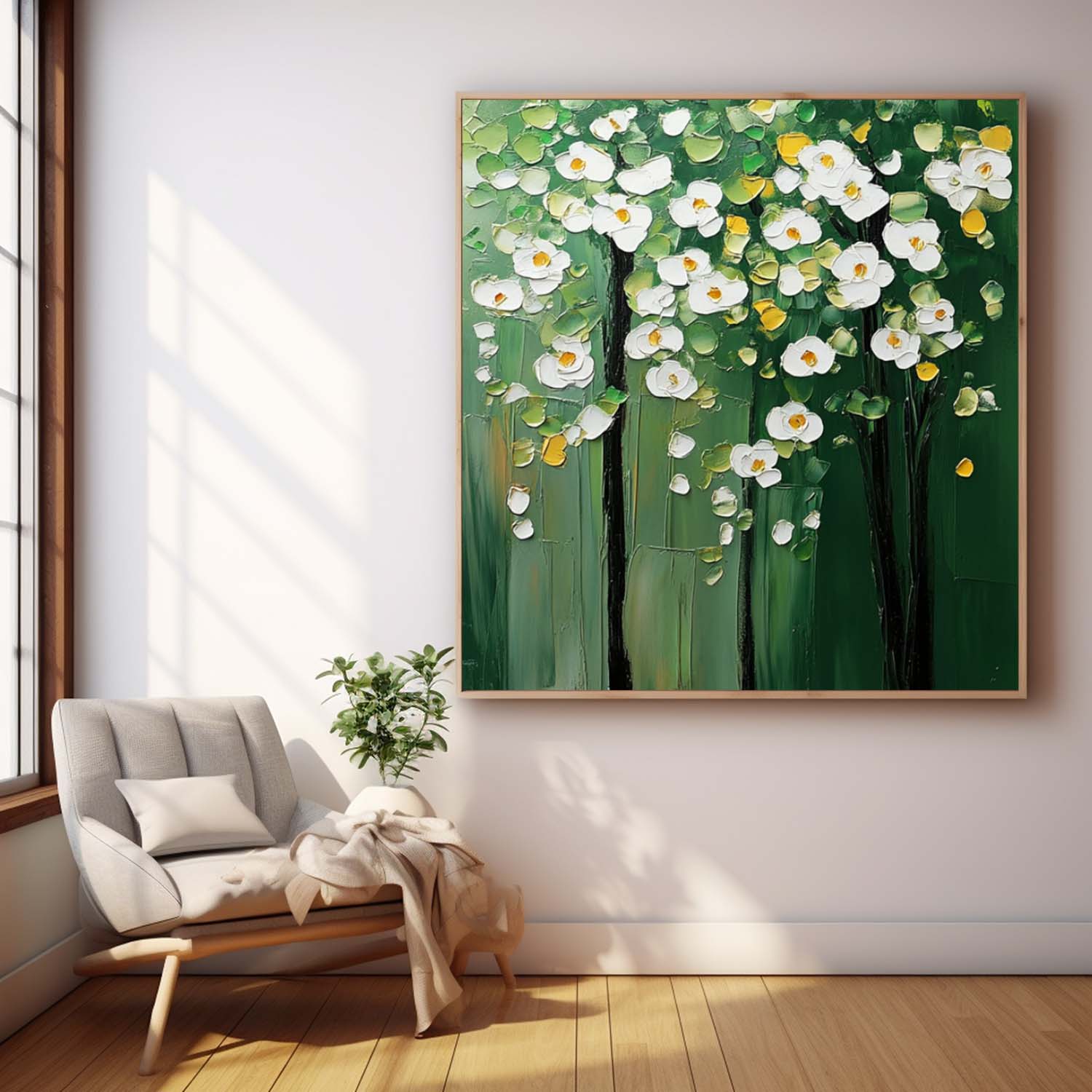 Modern White Floral Wall Art Original Green Beautifu Art Large Textured Flower Painting Framed Home Decor