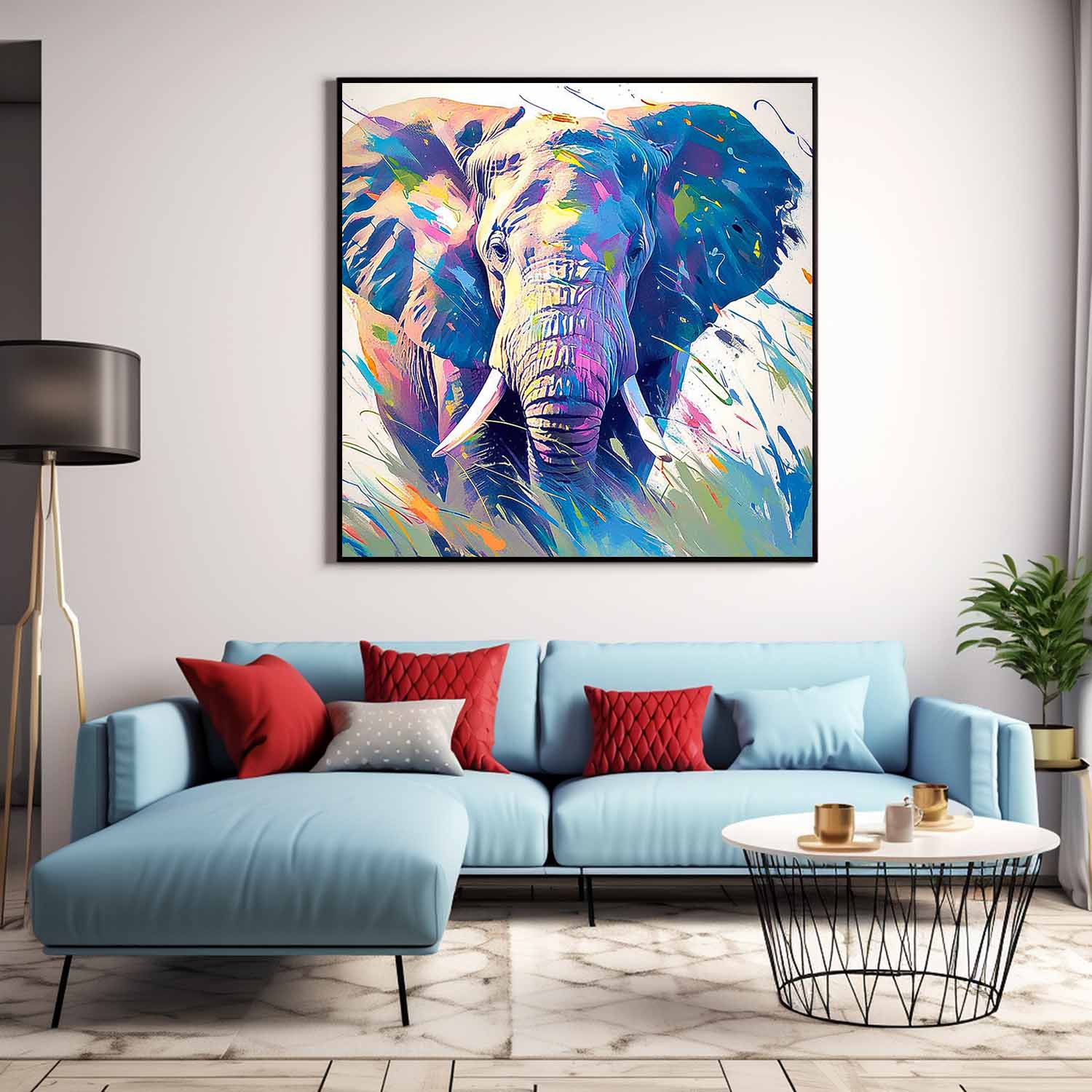 Original Lovely Elephants Wall Art Square Elephants Oil Painting Canvas Large Colorful Animal Artwork Home Decor