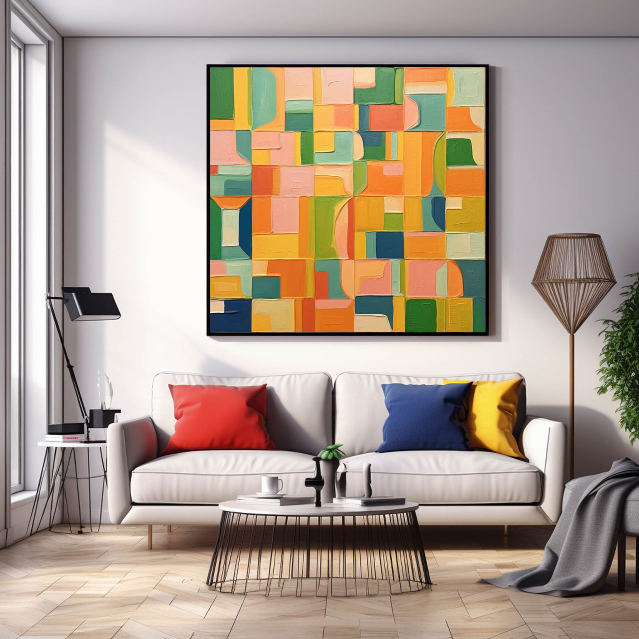 Square Abstract Geometry Oil Painting Bright Yellow Large Texture Canvas Original Modern Wall Art Home Decor