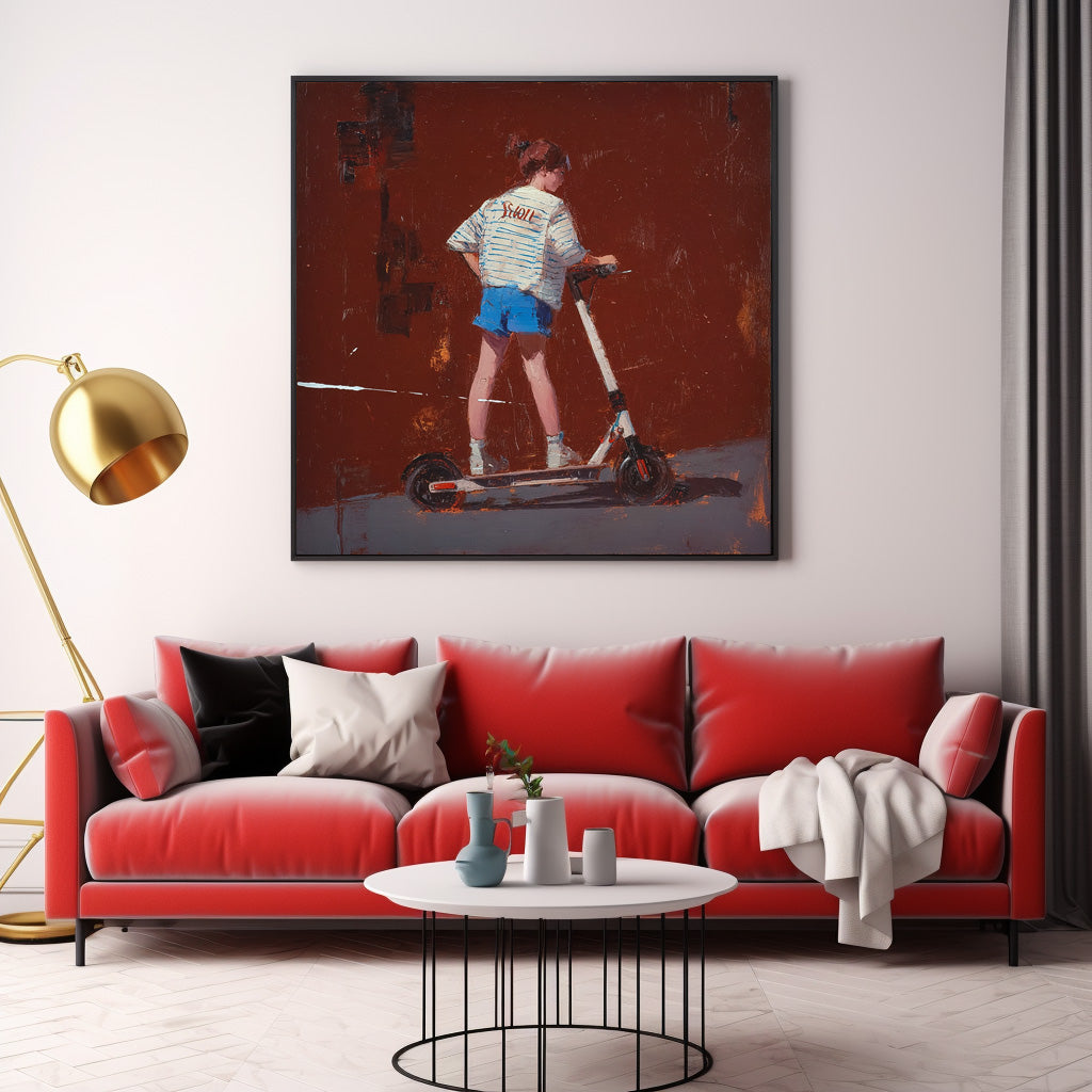 Original Red Wall Art Abstract Fashionable Street Style Minimalist Energetic Girl Riding A Scooter Painting