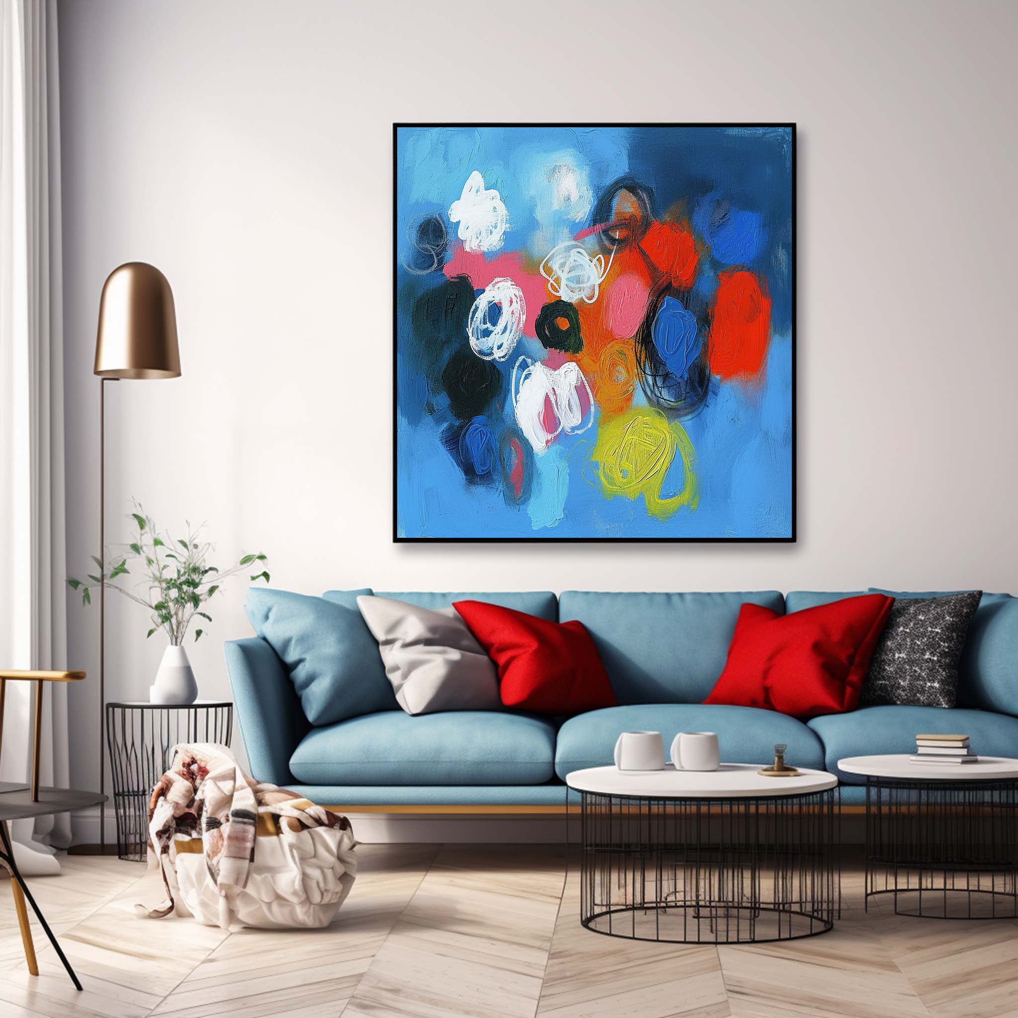Blue Square Abstract Texture Oil Painting Bright Coloful Large Acrylic Painting Canvas Original Modern Wall Art For Living Room