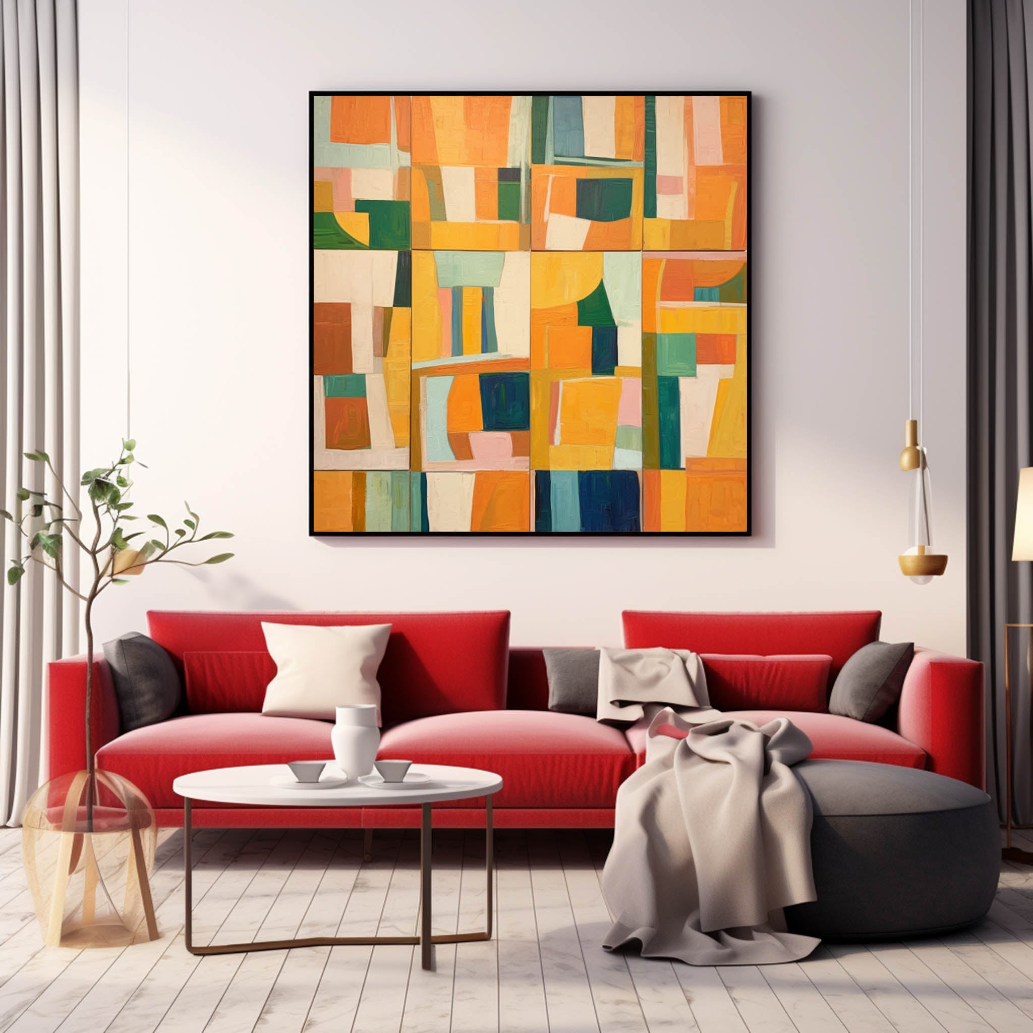 Square Abstract Geometry Oil Painting Bright Yellow Large Acrylic Painting Canvas Original Modern Wall Art Home Decor