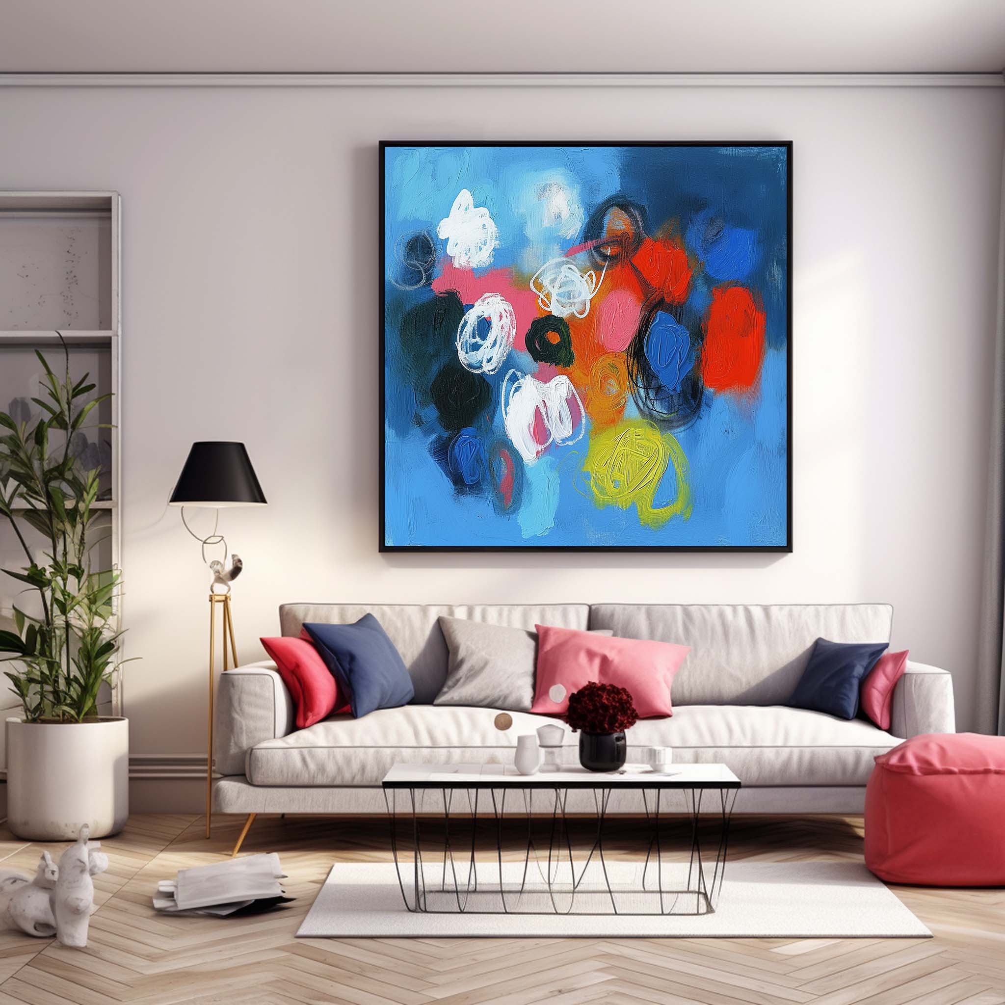 Blue Square Abstract Texture Oil Painting Bright Coloful Large Acrylic Painting Canvas Original Modern Wall Art For Living Room