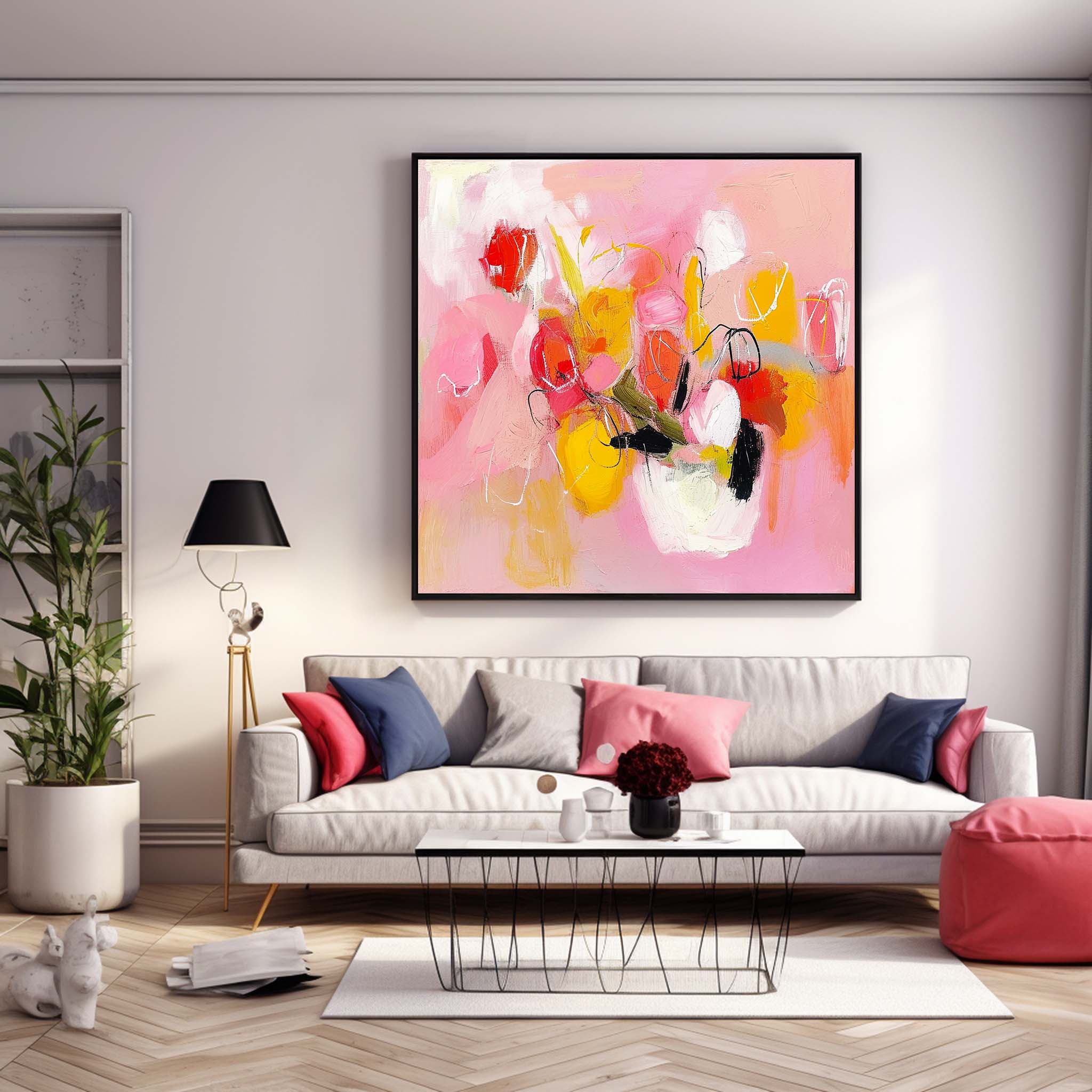 Square Abstract Graffiti Oil Painting Bright Pink Large Acrylic Painting Canvas Original Modern Wall Art For Living Room
