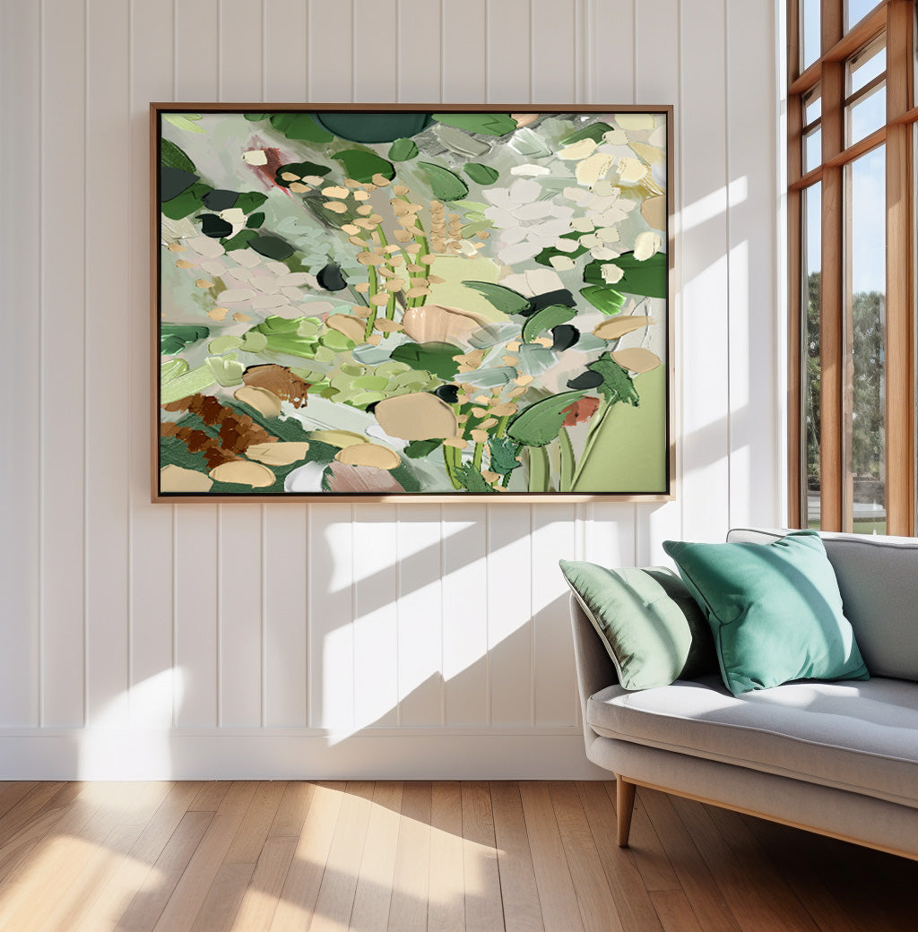 Horizontal Flower Texture Artwork Original Abstract Green Leaves Oil Painting On Canvas Home Decor Gift