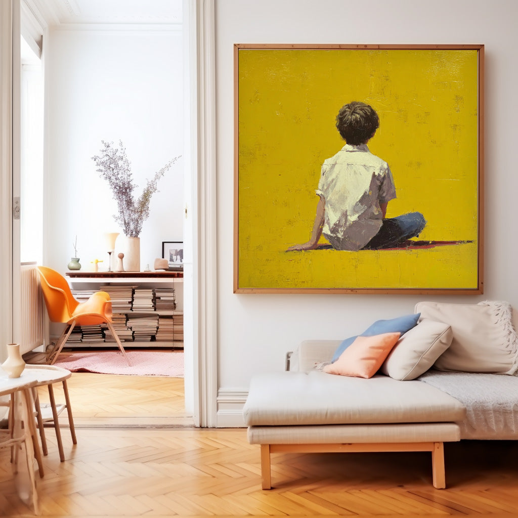 Minimalist Boy View Of Back Painting Bright Yellow Wall Art Abstract Warm atmosphere Art For Living Room