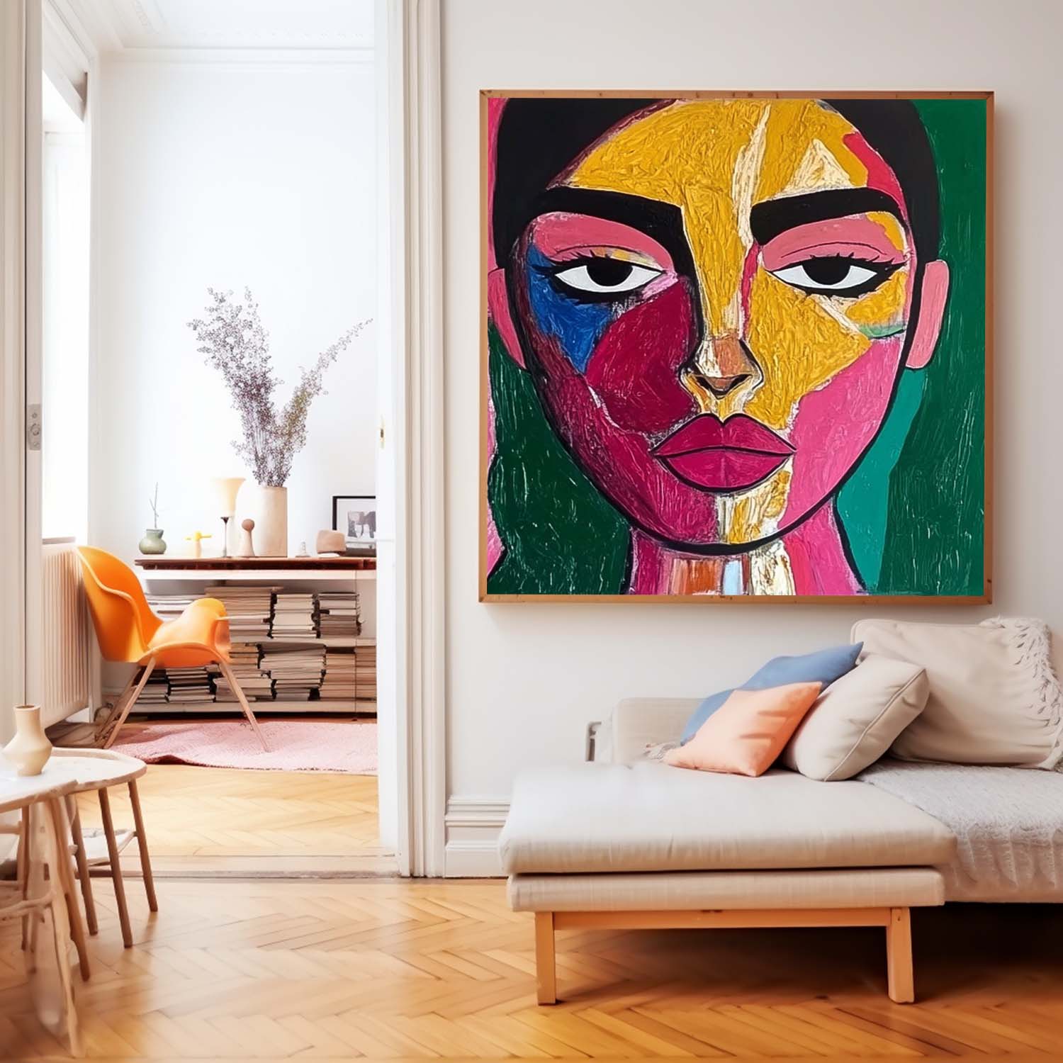 Origina Figure Acrylic Painting Canvas Colorful Face Abstract Wall Art Square Large Portrait Artwork