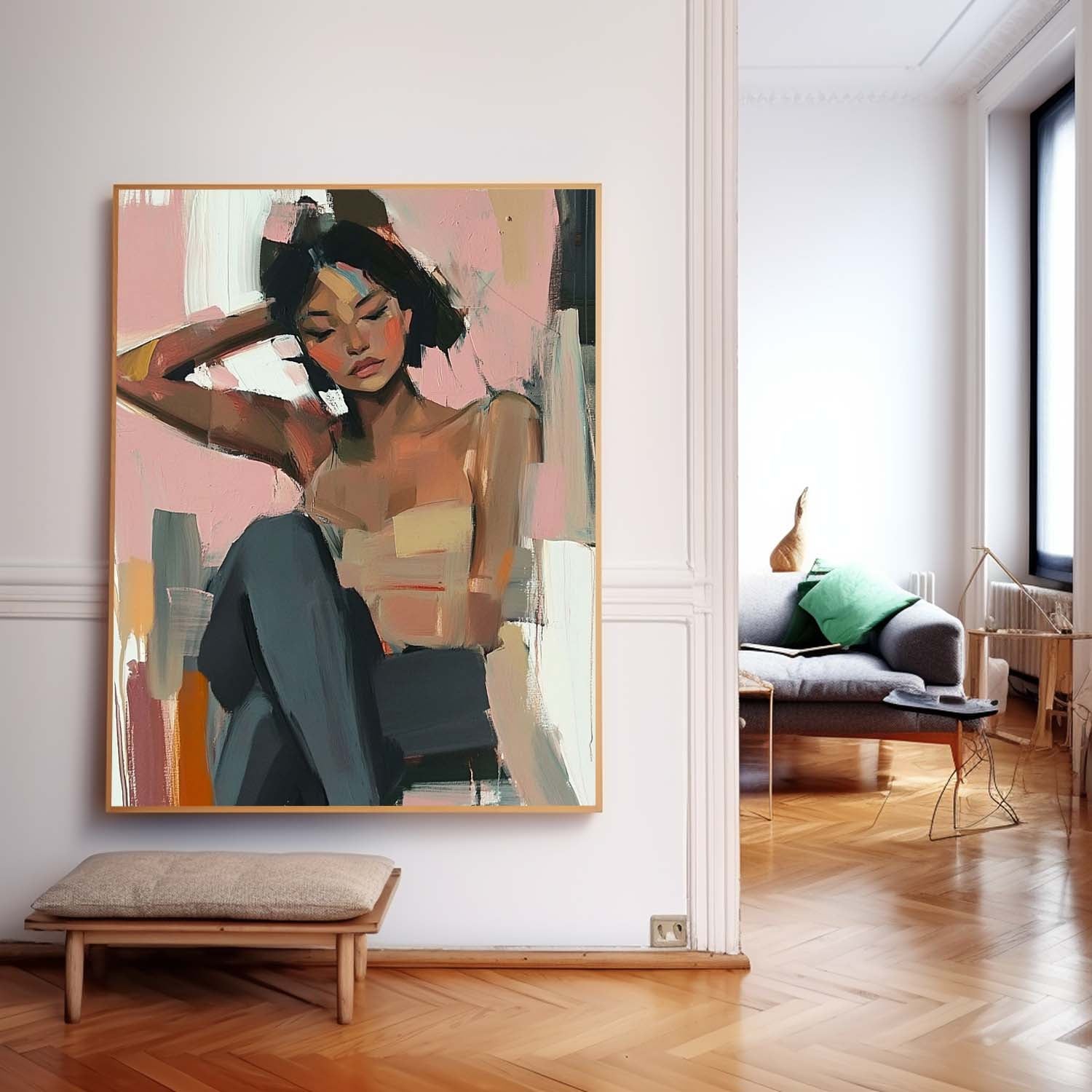 Large Lovely Girl Acrylic Painting Abstract Lady Artwork Original Woman Wall Art Framed For Living Room