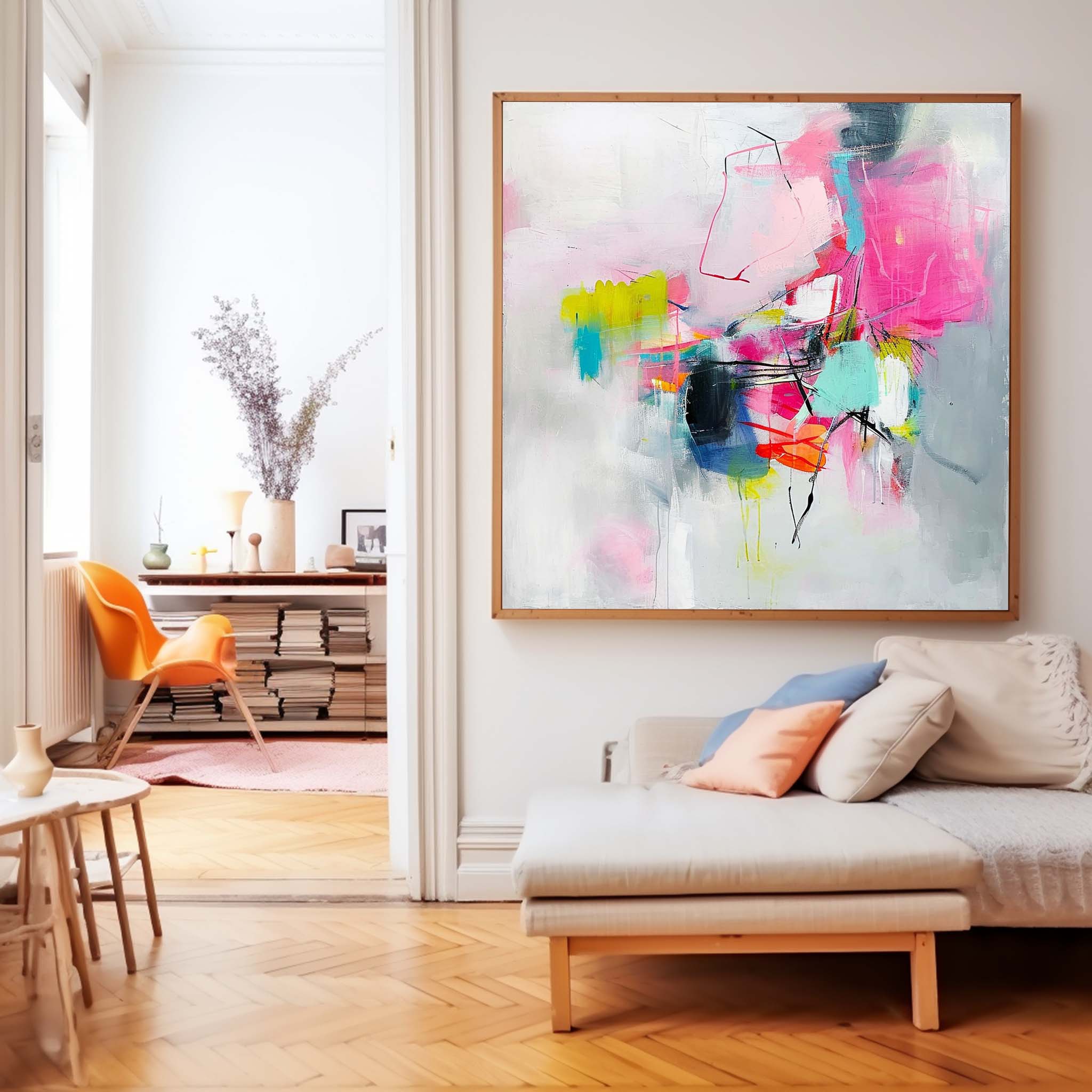 Bright Abstract Wall Art Framed Acrylic Large Square Modern Abstract Painting For Sale