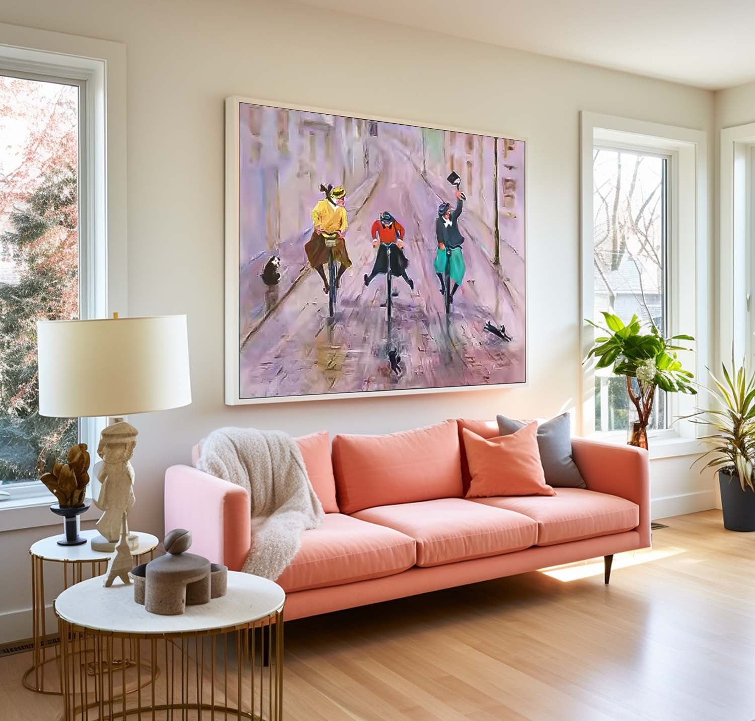 Large woman Rding A Bicycle Wall Art Abstract Oil Painting Original Medieval style Artwork For Living Room