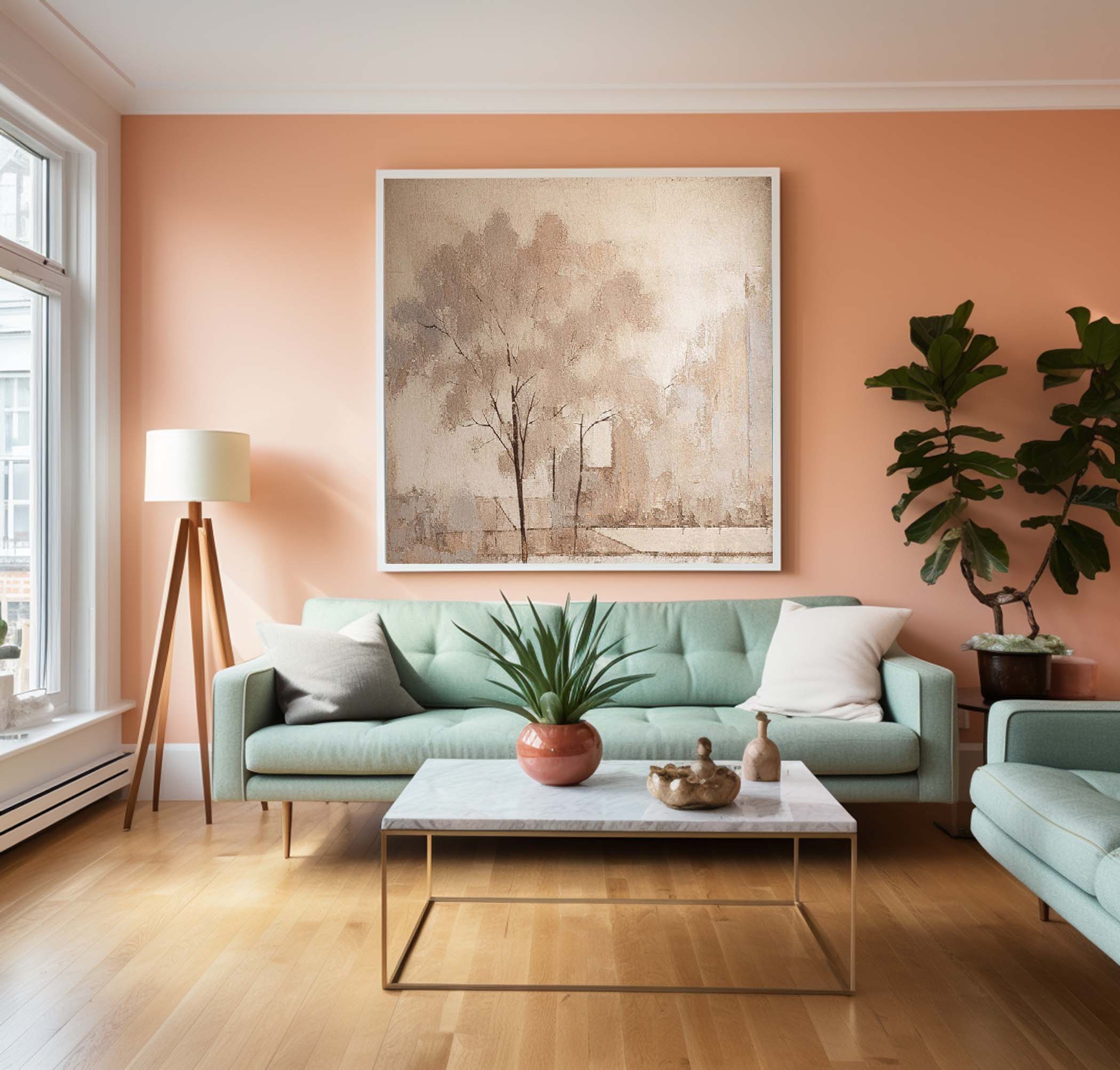 Original watercolor Painting Abstract Ink Tree Art Beige Square Acrylic Painting Canvas For Living Room