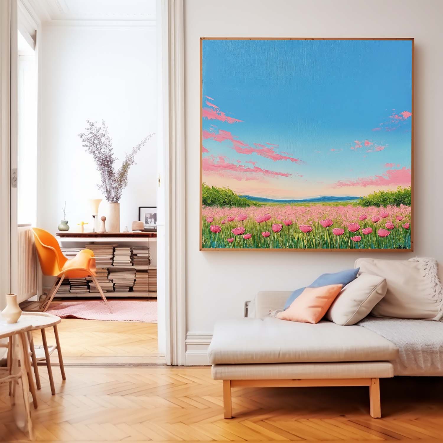 Wildflower Field Scenery Oil Painting Sunset Landscape painting Muted Country Field Wall Art Nature Artwork