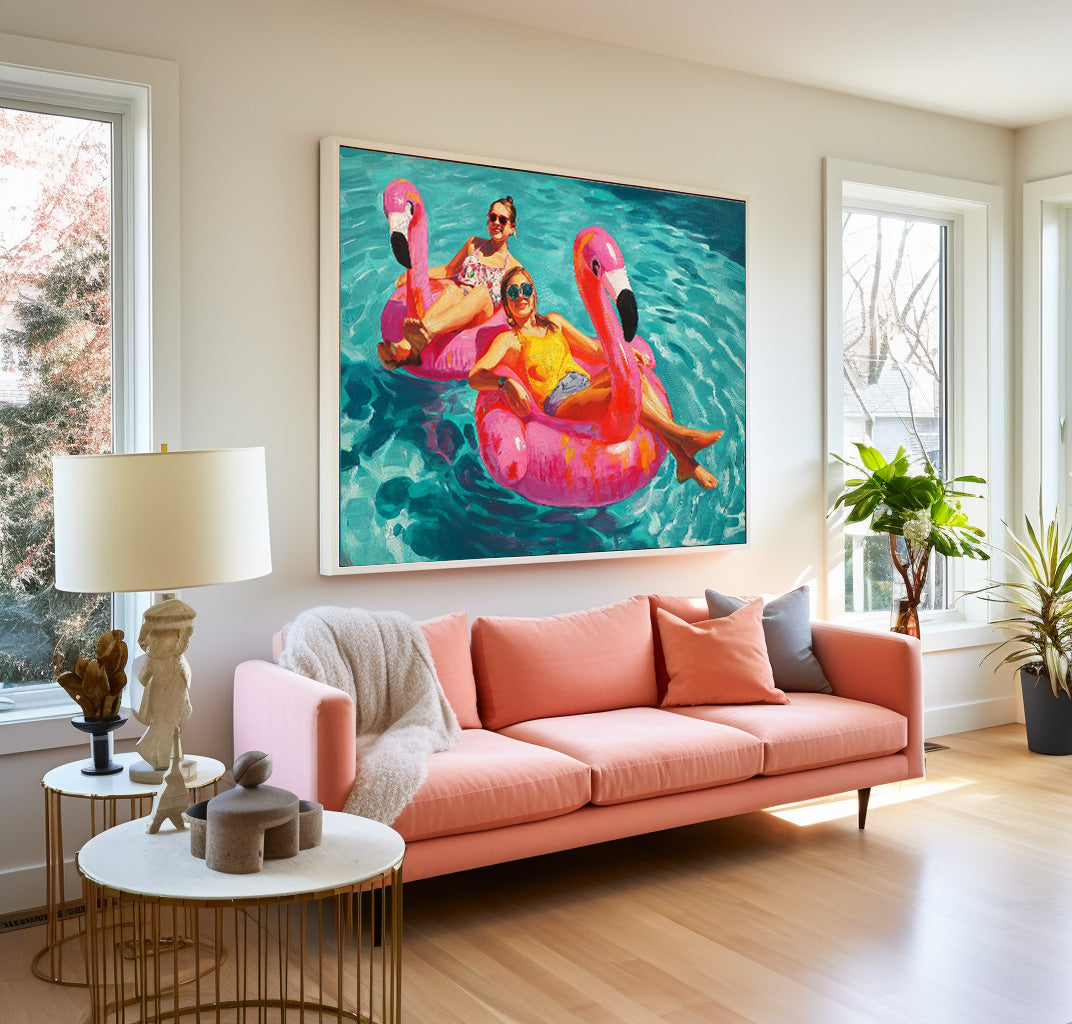 Abstract Colorful Flamingo Artwork Original Girl Water Entertainment Sensual Lady Swimming Wall Art