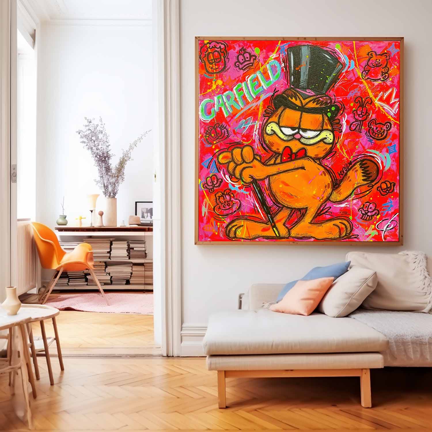 Original Lovely Cartoon Characters Wall Art Famous Garfield Oil Painting Canvas Large Animal Artwork