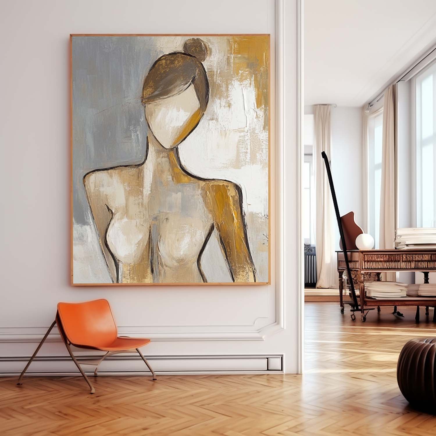 Original Contemporary Woman Wall Art Abstract Lady Artwork Large Character Outline Acrylic Painting Framed