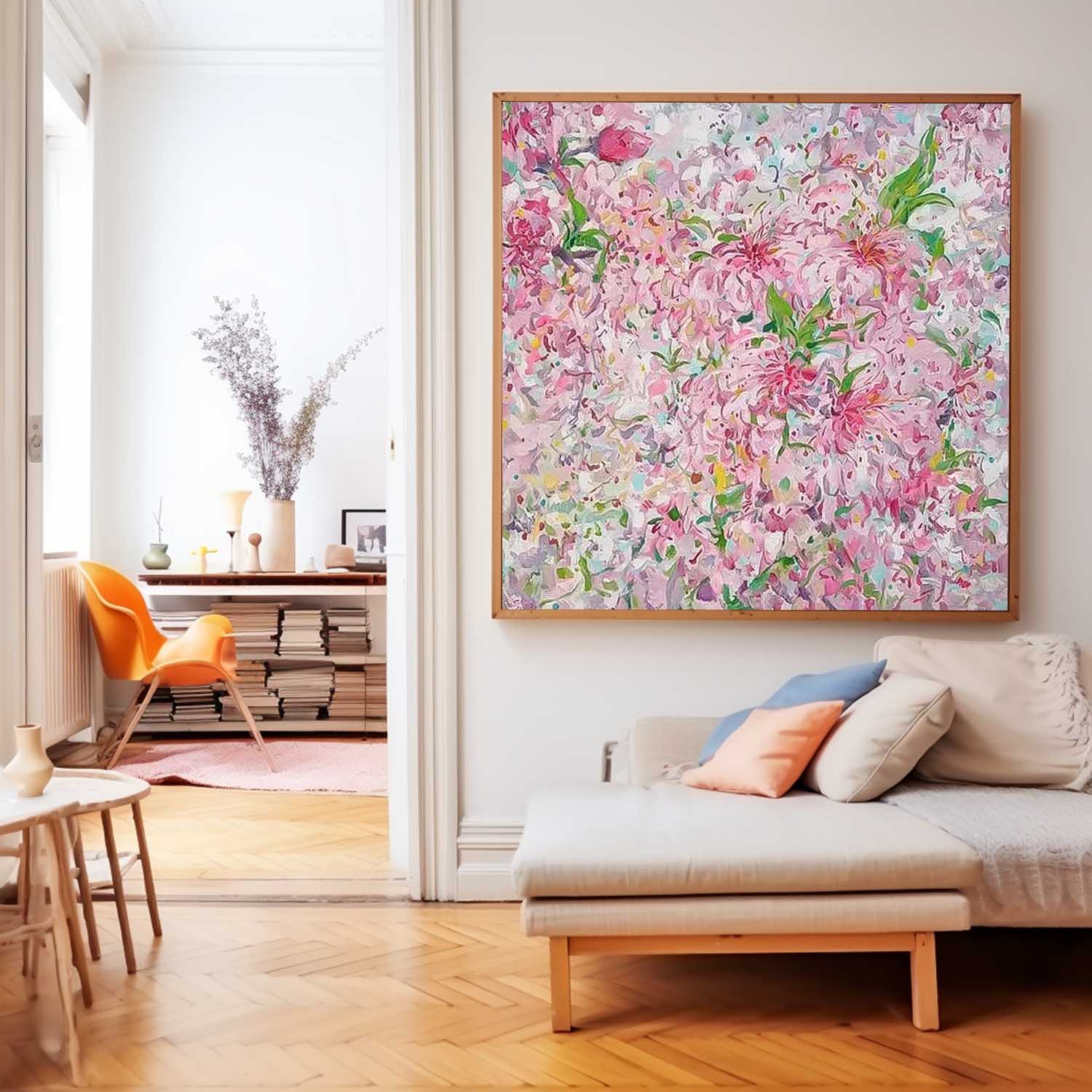 Square Pink Original Flower Wall Art Large Floral Acrylic Painting Modern Floral Oil Painting On Canvas