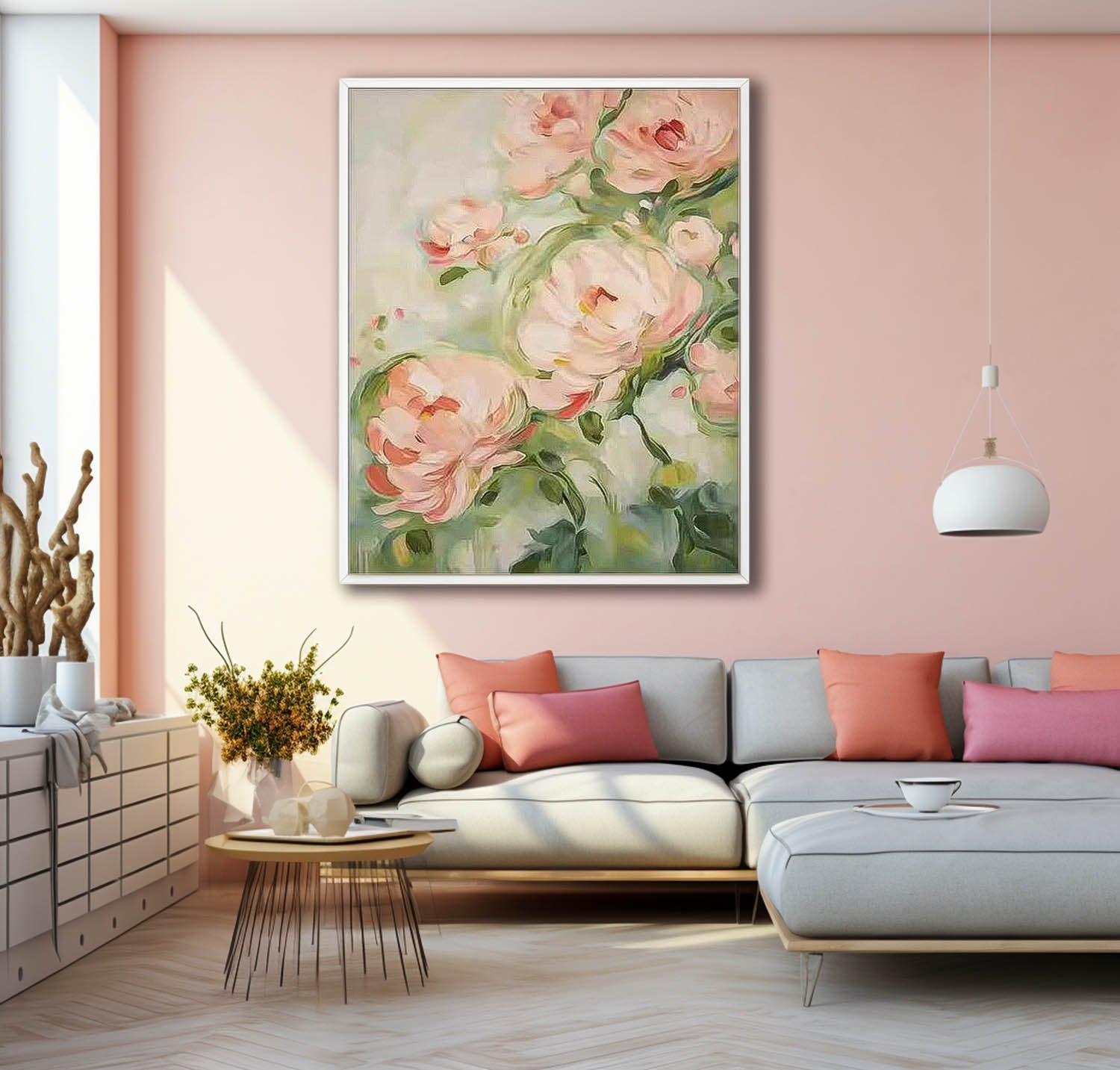 Cute Pink Flowers Textured Abstract Wall Art  Modern Floral Acrylic Painting Framed Home Decor