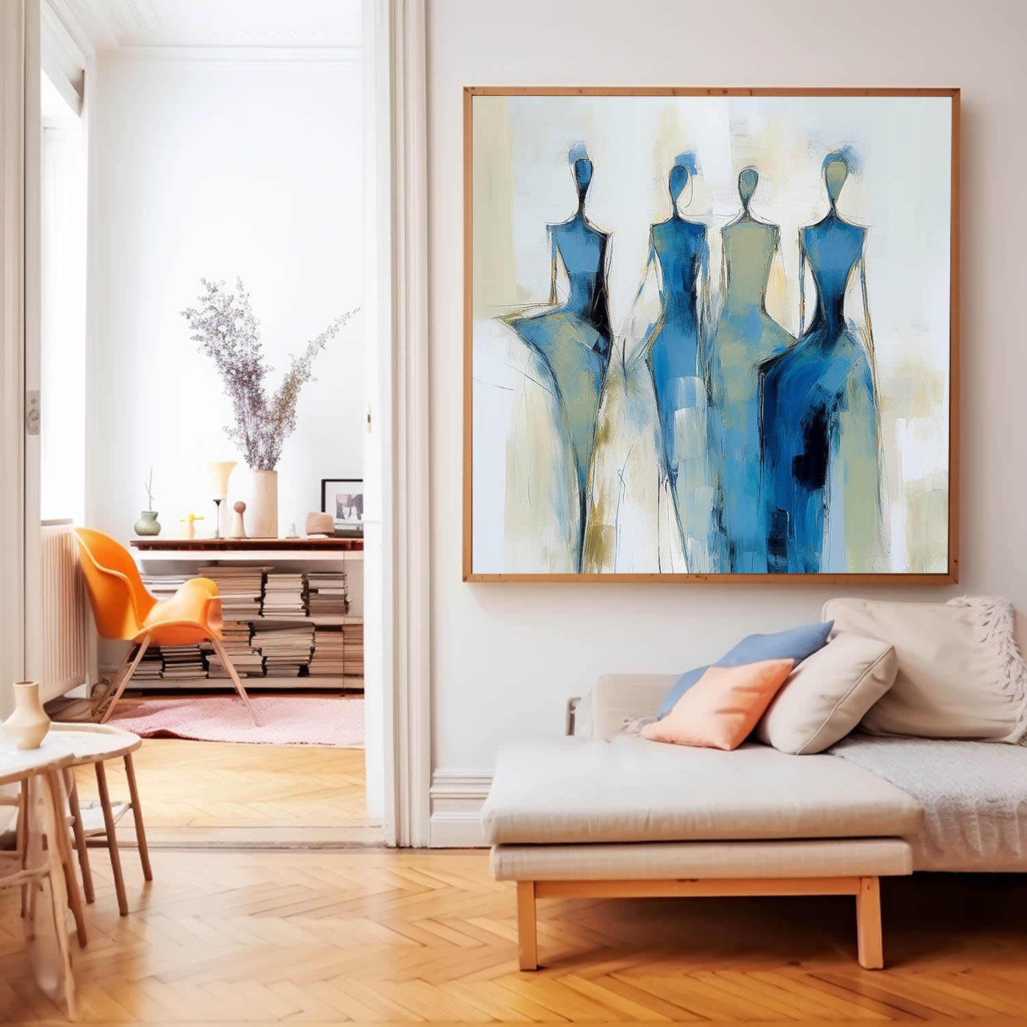 Square Large Portrait Artwork Original Blue Figure Acrylic Painting Canvas Abstract Wall Art Decor