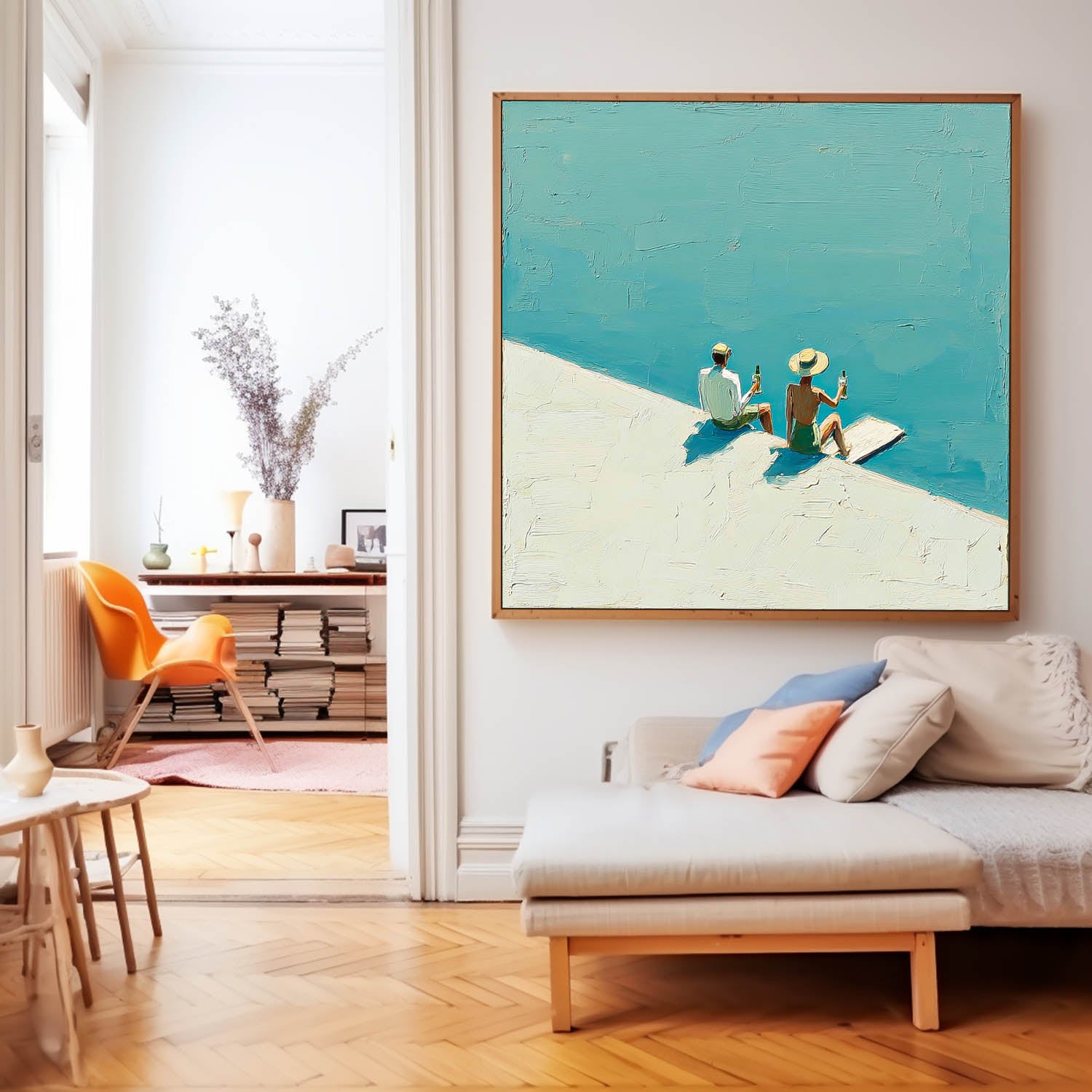 Seaside Holiday Style Landscape Painting Original Couple Oil painting Figures On The Beach artwork