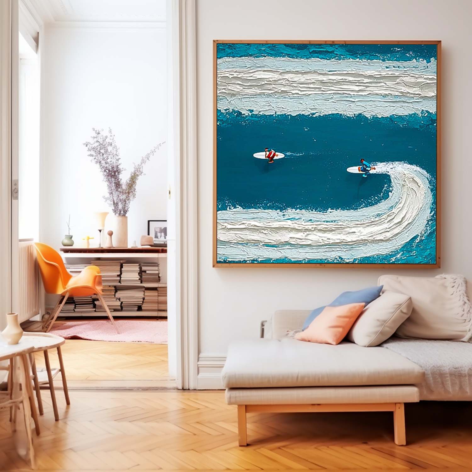 Square Abstract Surfer Landscape Blue Ocean Wall Art Minimalist Surfing Art Contemporary Ocean Painting