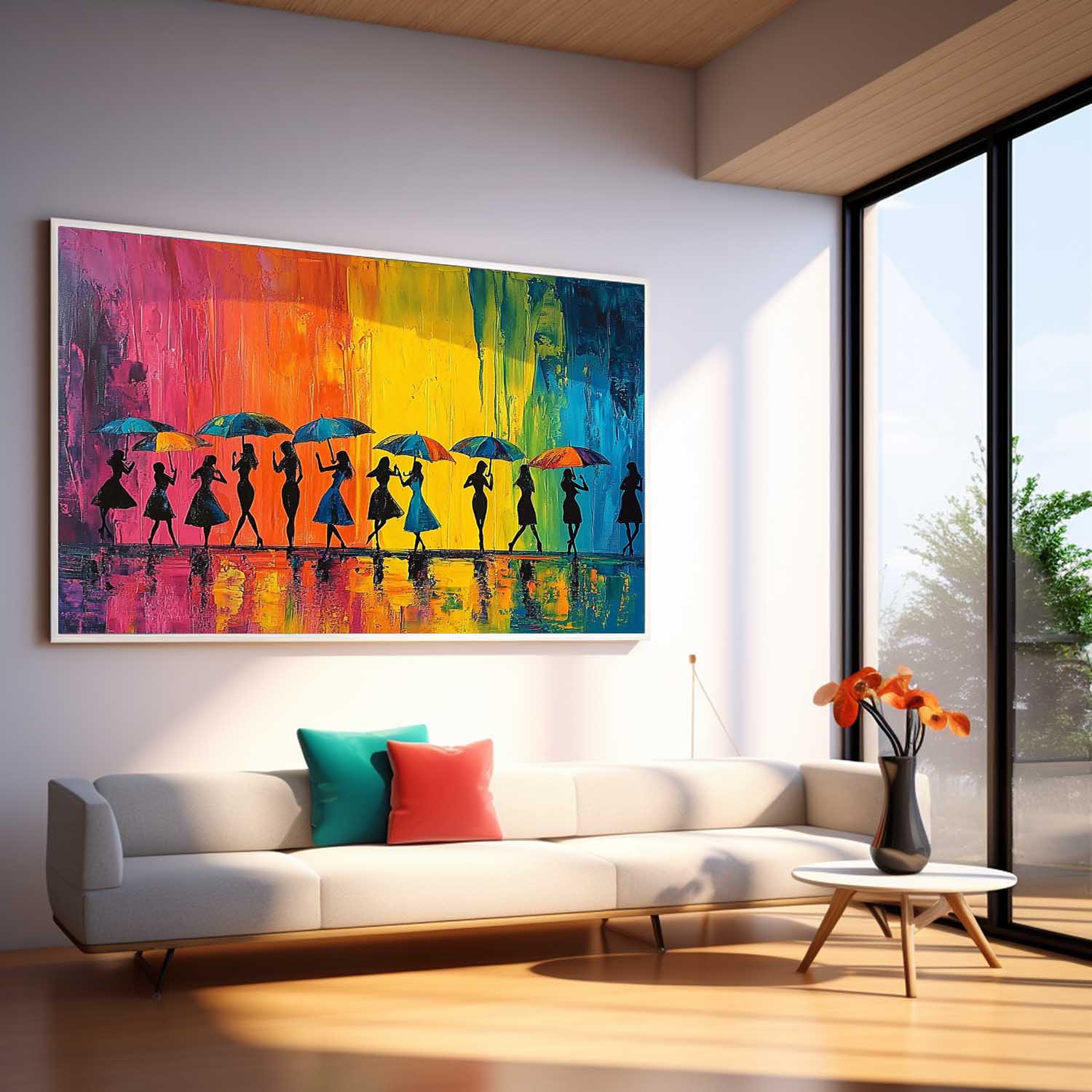Original People Silhouette Artwork Expressive Rainy Street Modern Acrylic Painting Large Colorful Wall Art