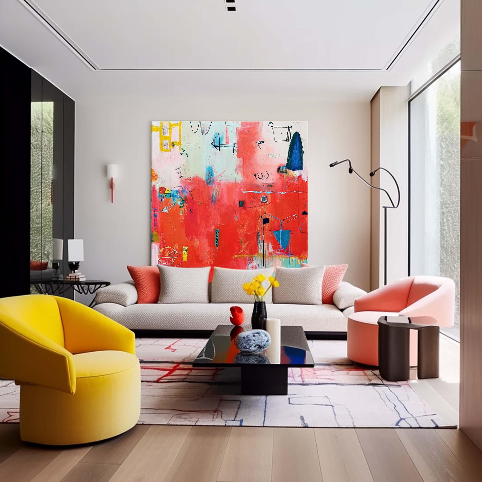 Contemporary Abstract Oil Painting Funny Doodles Original Wall Art New Red Abstract Painting Home Decor