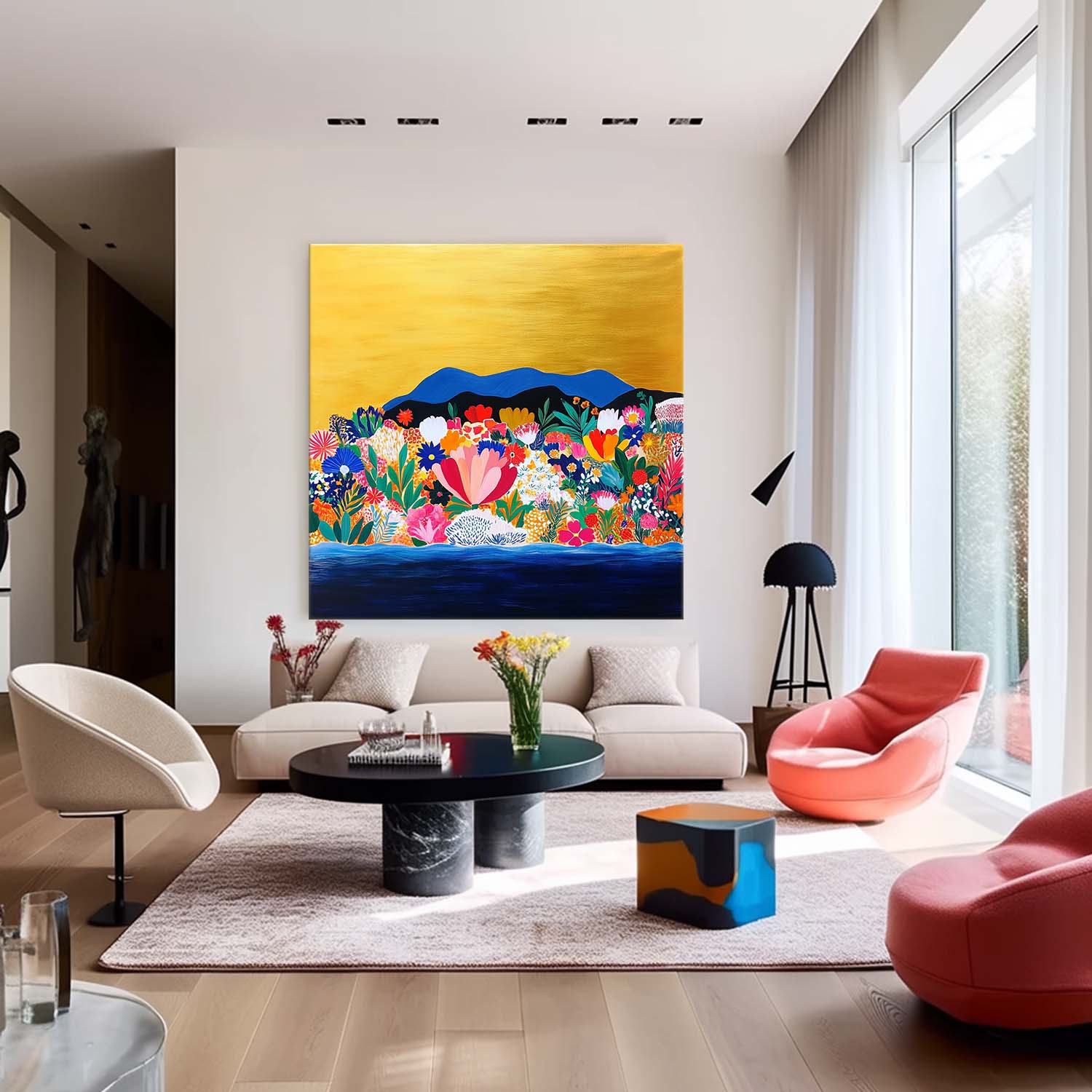 Floral Painting on Canvas Original Flower Bush Botanical Square Artwork Large Illustration style Wall Art