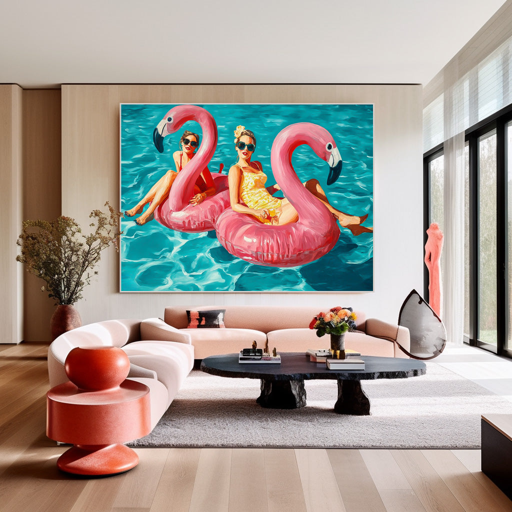 Original Girl Water Entertainment Abstract Colorful Flamingo Artwork Sensual Lady Swimming Wall Art