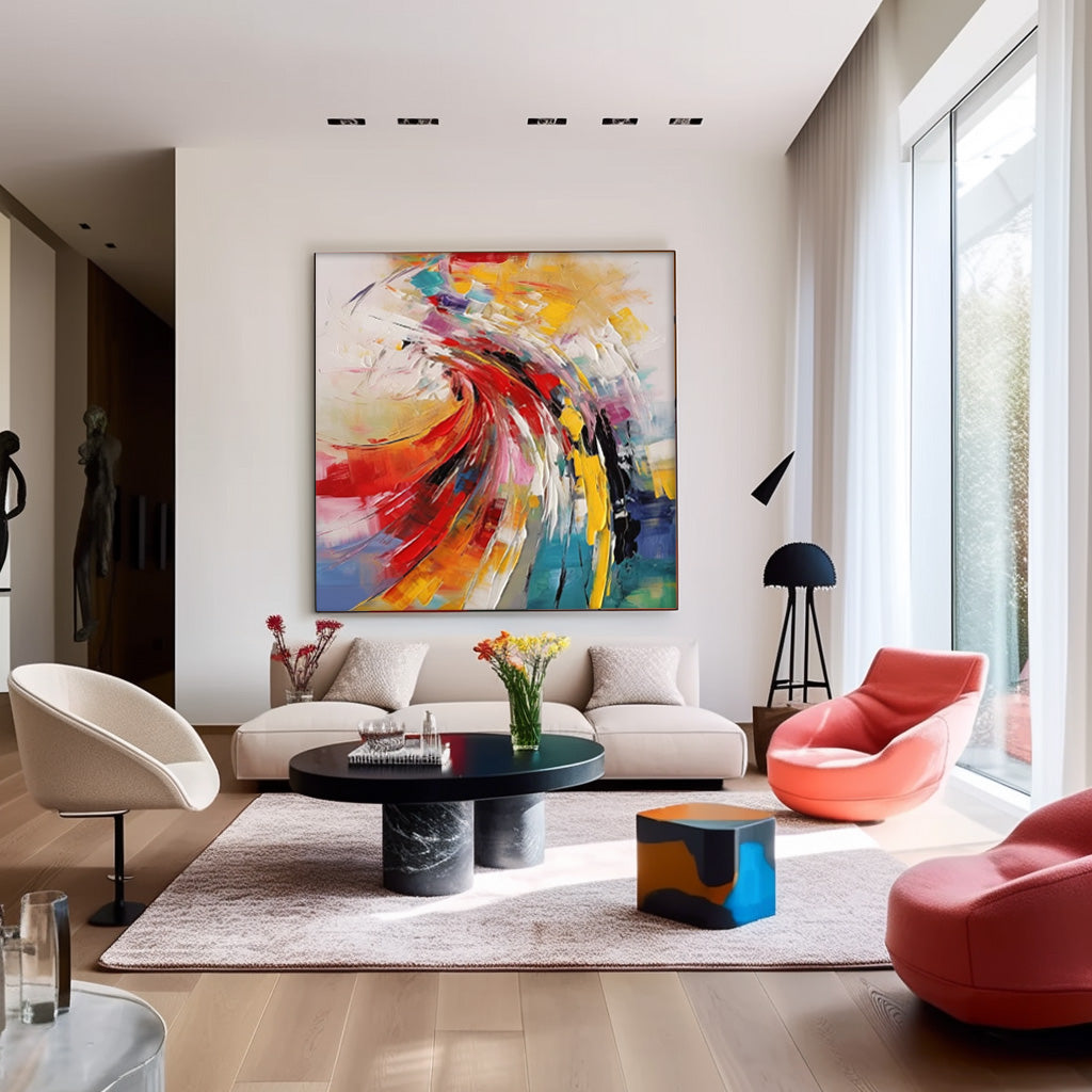 Large Square Texture Colorful Abstract Wall Art Framed Bright Modern Abstract Canvas Painting For Living Room